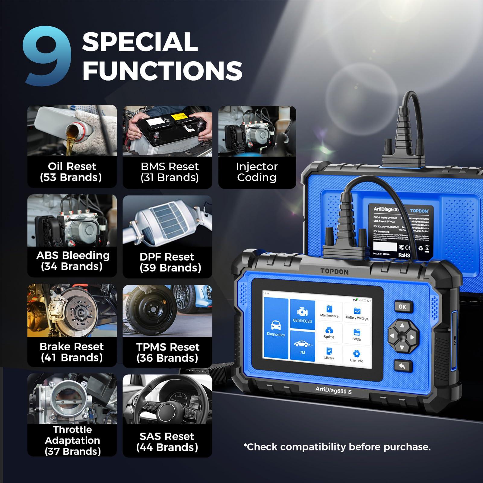 TOPDON AD600S OBD2 diagnostikaseade auto jaoks – 4 süsteemi diagnostika (ABS, SRS, mootor ja käigukast), 9 hooldusfunktsiooni (õli, BMS, ABS, DPF, TPMS, SAS, pidurite lähtestamine, drosselklapi kohandamine, pihusti kodeerimine) – pakend ja tarvikud