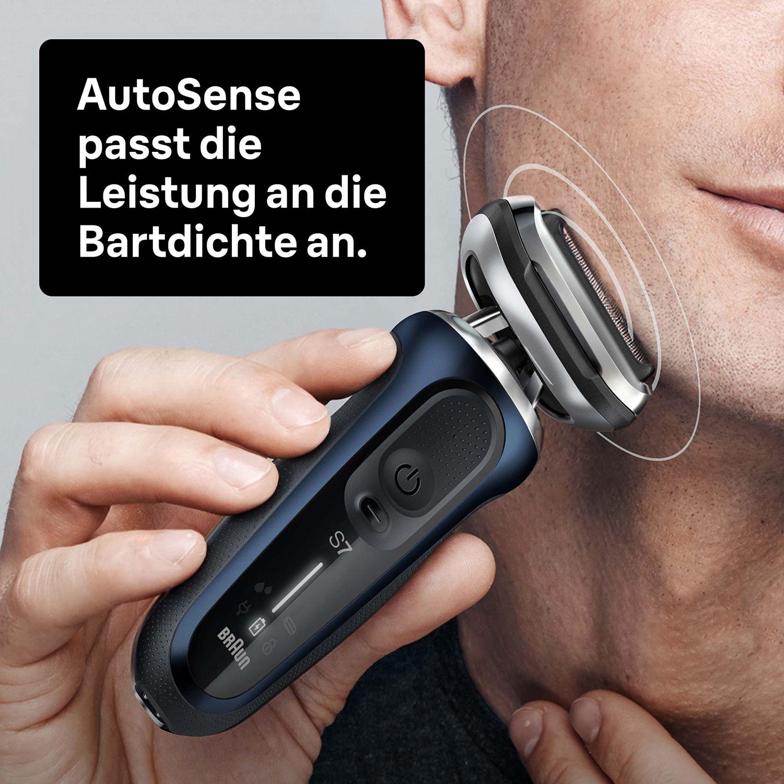 Braun Series 7 meestele mõeldud pardel 360° kohandusega, elektriline habemeajamismasin ja trimmer, 3-päevase habeme trimmer, puhastusjaam, AutoSense, märg ja kuiv raseerimine, EasyClick funktsioon, 70-B7850cc, sinine – pakend ja tarvikud