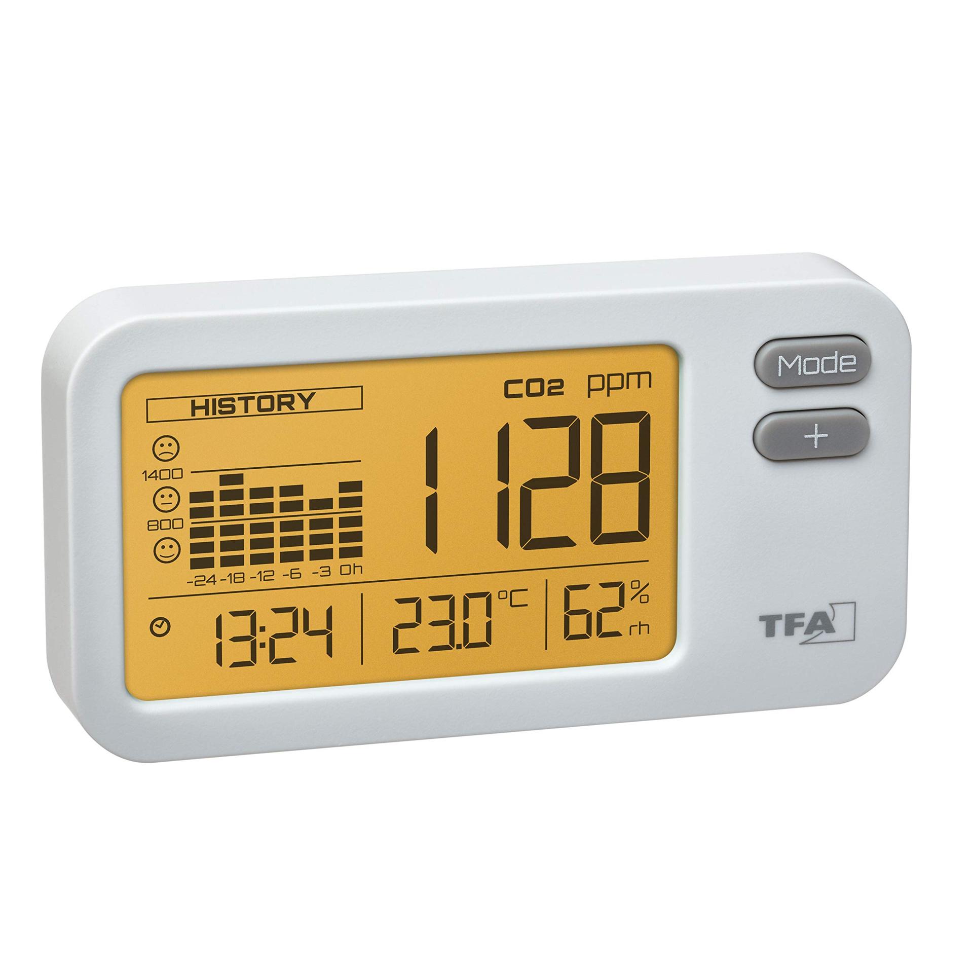 TFA Dostmann CO2-monitor AIRCO2NTROL Coach, 31.5009, 24-tunnise graafikuga, kellaaja, temperatuuri ja õhuniiskuse näidik, Micro-USB kaabel, CO2 kontsentratsioon, Dual Beam sensor, valge