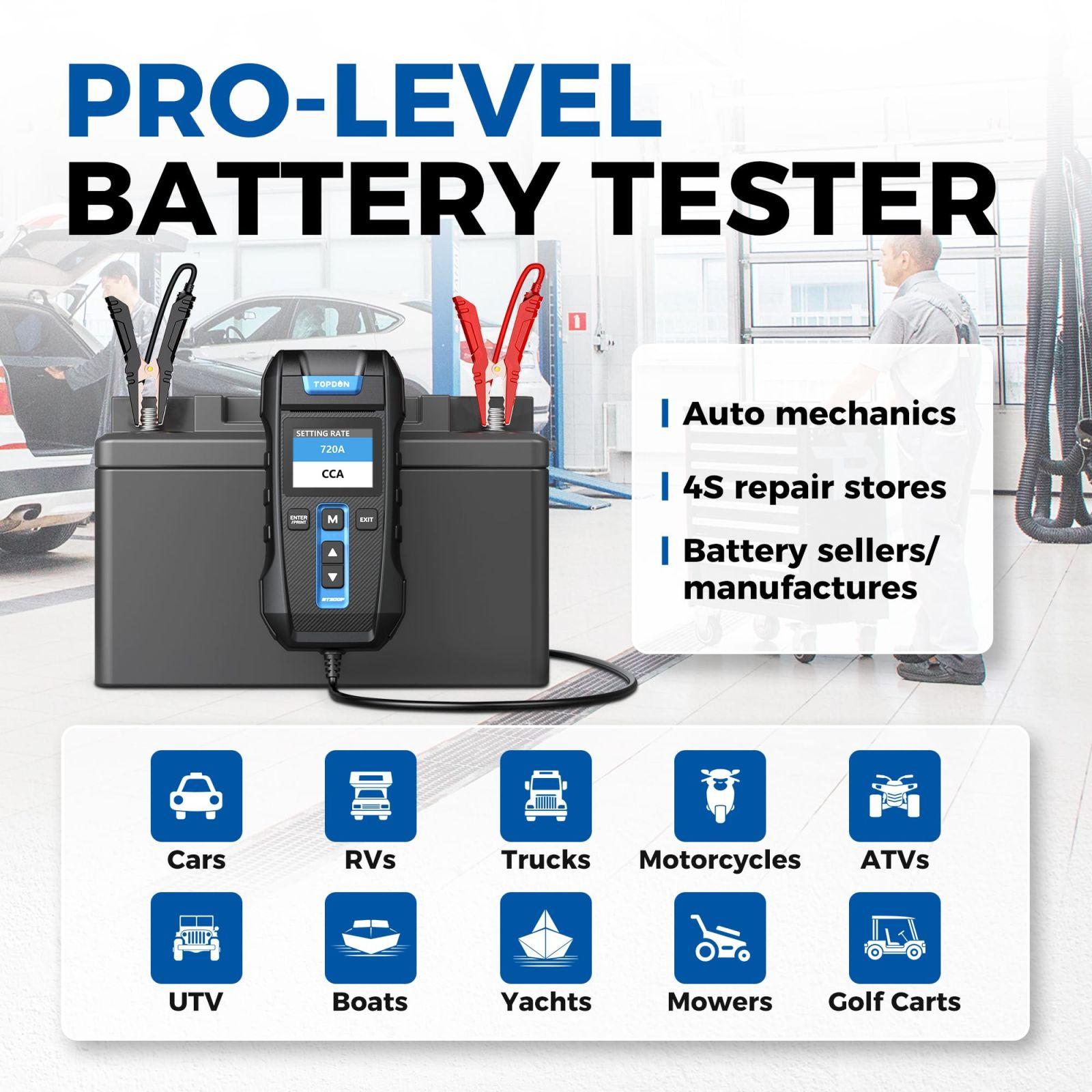 Autobatteriide tester 12V 24V TOPDON BT300P, 100-2000CCA akude tester koos printeriga, laadimis- ja käivitusanalüsaator, sobib nii kodukasutajatele kui ka professionaalidele, ideaalne autodele, mootorratastele, maasturitele, veoautodele ja paatidele – lisavaade