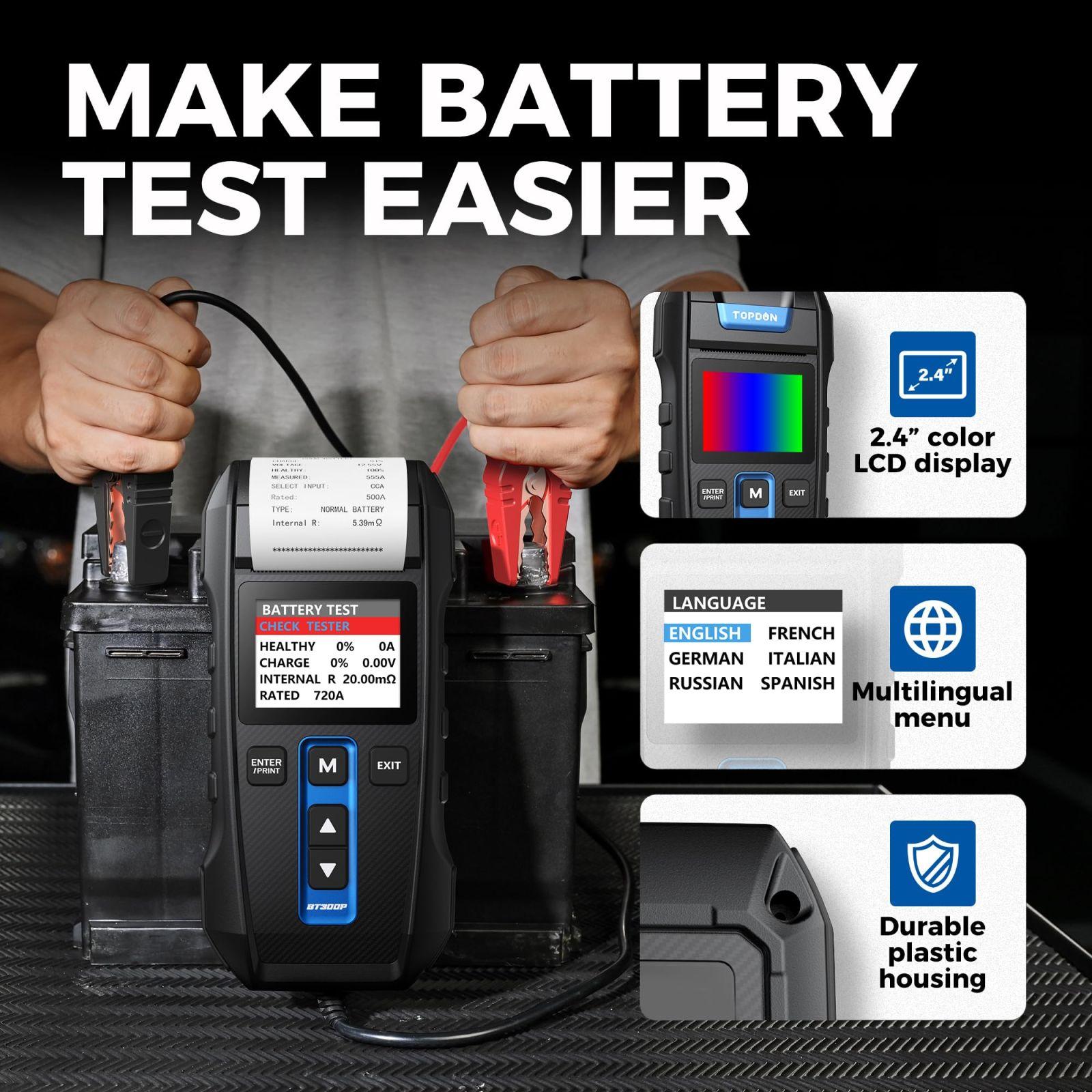 Autobatteriide tester 12V 24V TOPDON BT300P, 100-2000CCA akude tester koos printeriga, laadimis- ja käivitusanalüsaator, sobib nii kodukasutajatele kui ka professionaalidele, ideaalne autodele, mootorratastele, maasturitele, veoautodele ja paatidele – pilt 6