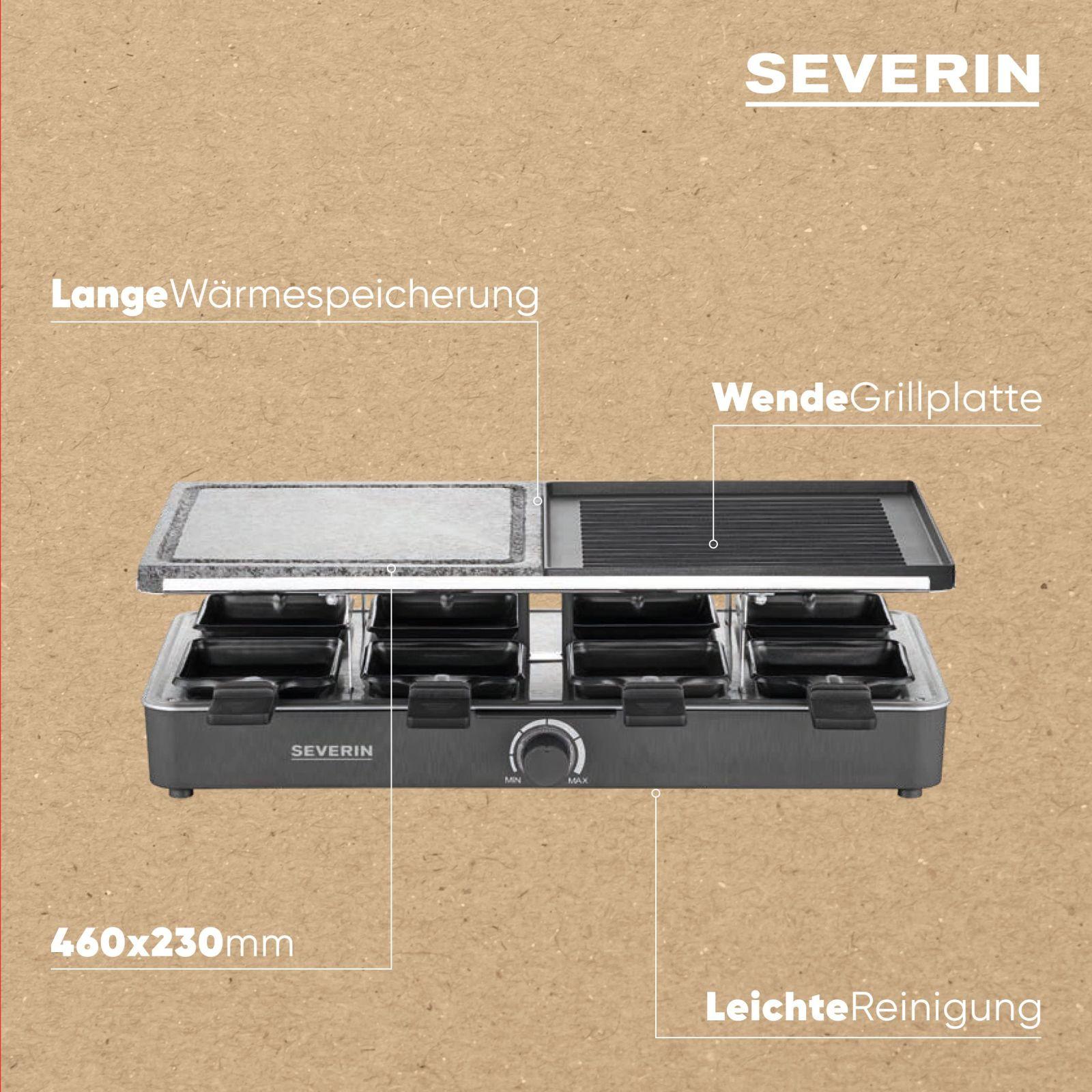 SEVERIN Raclette-Grill loodusliku grillikivi ja grillplaadiga, raclette mittenakkuva grillplaadiga ja 8 panniga, lauagrill 8 inimesele, max. 1300 W, must, RG 2371 – pakend ja tarvikud