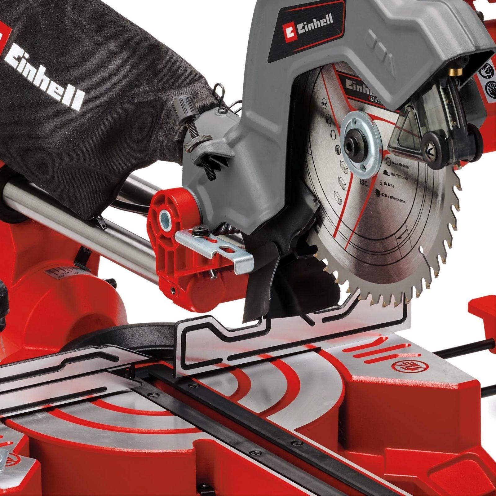 Einhell tõmbelõike-ja nurksaag TC-SM 216 (1600 W, max. 65 mm x 305 mm lõikesügavus/-laius, Ø 216 mm saeketas, tõmbefunktsioon, pöördlaua kiirseadistus, laser) – pakend ja tarvikud