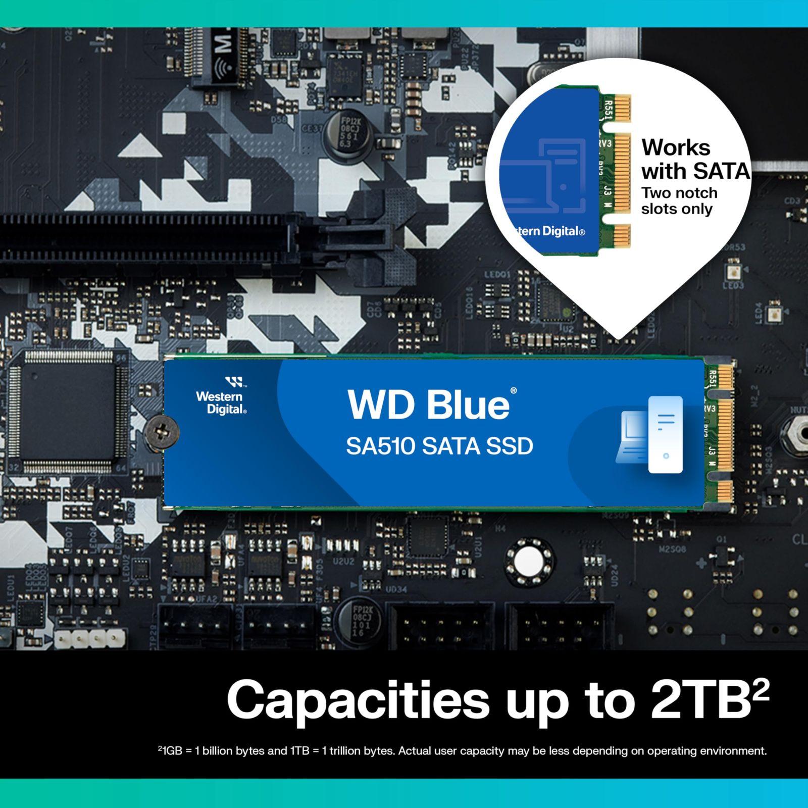 WD Blue SA510 SATA SSD 2 TB M.2 2280 (Lugemiskiirus kuni 560 MB/s, kirjutamiskiirus kuni 520 MB/s, arvuti/laptopi uuendus, kolmekuuline Dropbox Professional prooviperiood, Western Digital SSD Dashboard) – pakend ja tarvikud