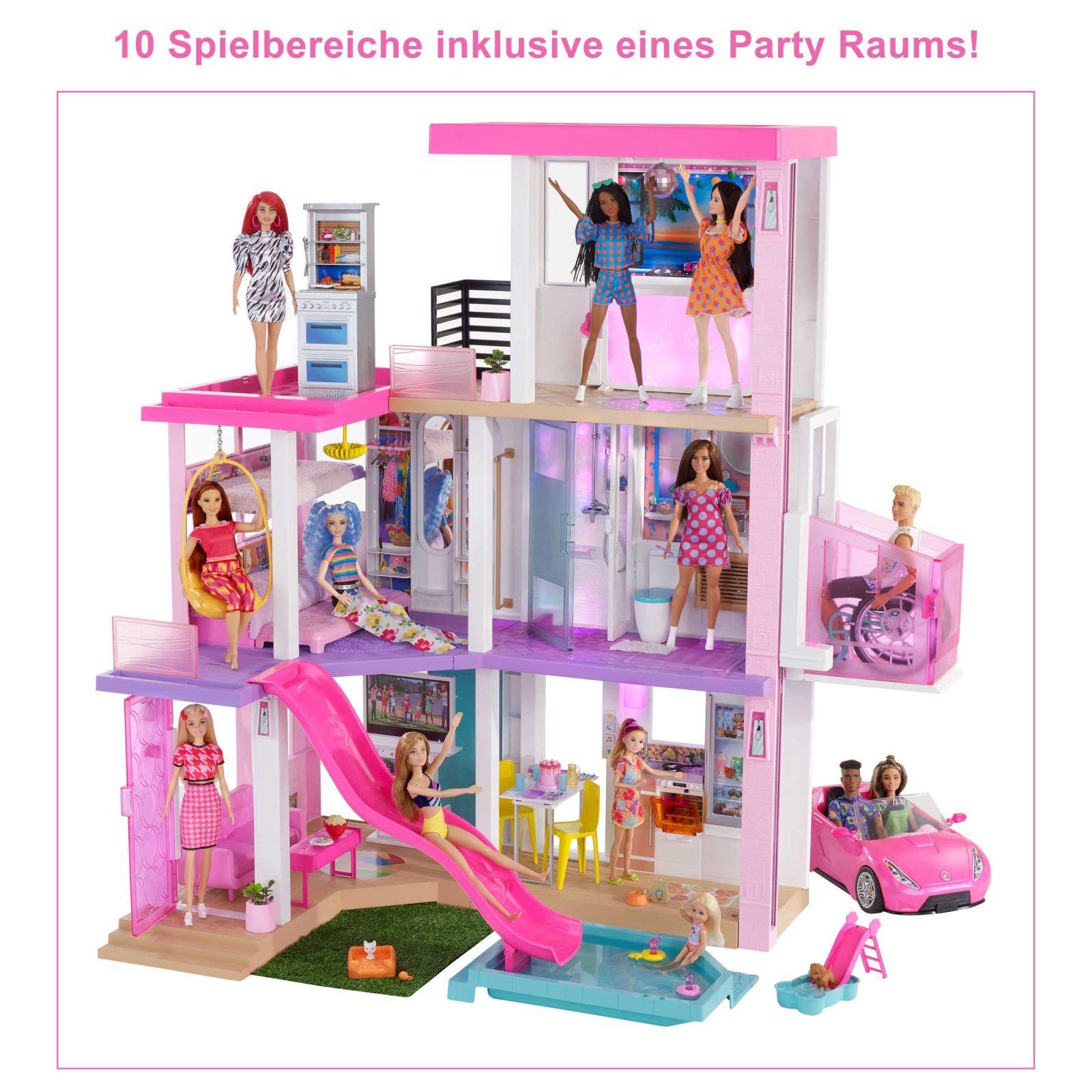 Barbie Unistuste Maja (114 cm), 3-korruseline nukkude maja Barbie basseiniga, liumägi, ratastoolitõstuk, 75+ Barbie tarvikud, nukud pole kaasas, kingitus lastele alates 3. eluaastast, GRG93 – pilt 7