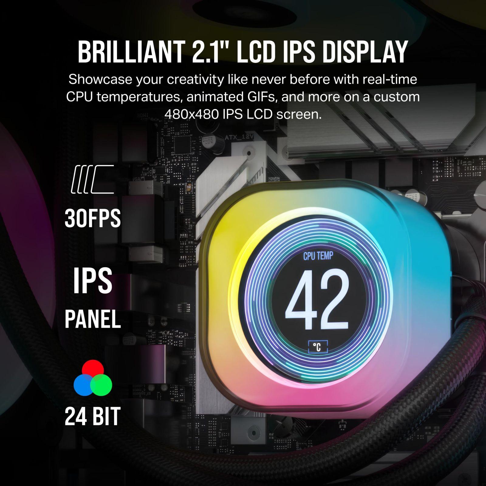 CORSAIR iCUE LINK H100i LCD Vedelikjahutusega CPU Cooler – 240mm AIO – QX120 RGB ventilaatorid – 2,1″ IPS-LCD ekraan – Sobib Intel LGA 1700, AMD AM5 – iCUE LINK süsteemi jaotur kaasas – Must – kasutusnäide