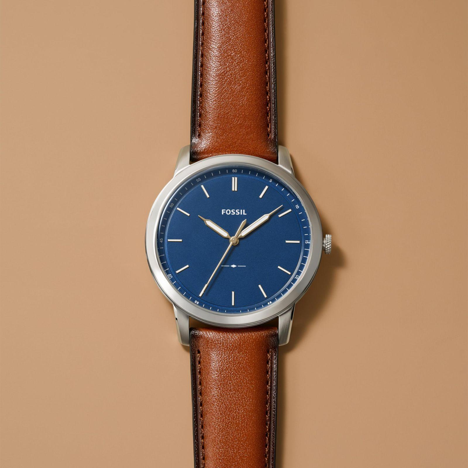 Fossil Minimalist meeste käekell, kvartsmehhanism, roostevaba teras või nahkrihm, sinine ja pruun, 44MM – pakend ja tarvikud