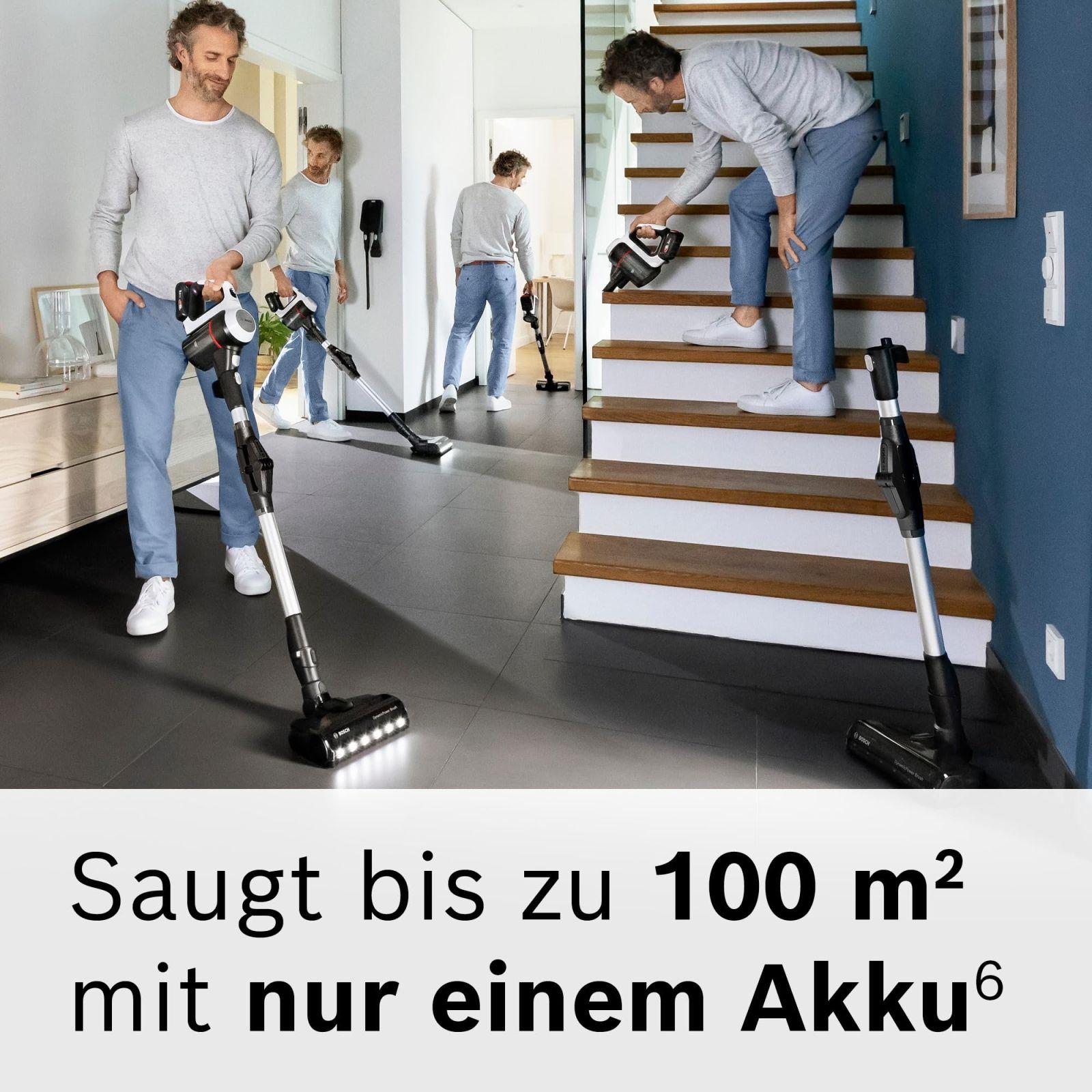 Bosch juhtmeta tolmuimeja Unlimited 7 BKS711MTB, tolmukotita, vahetatava akuga, painduva toruga, hügieenifiltriga, 10-aastase mootorigarantiiga, mini-turbodüüsiga, LED-valgustusega, turborežiimiga, valge – pilt 8