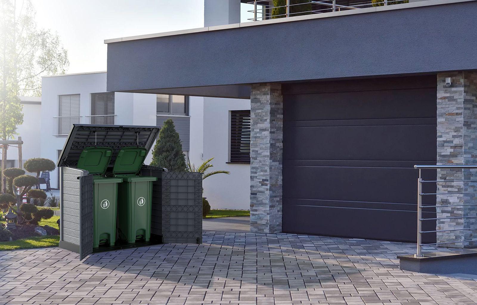 Duramax Cedargrain StoreAway 1200L aiakuur plastikust / tasane kaas, prügikastikast, aiakuur, vastupidav konstruktsioon, ideaalne tööriistadele, BBQ-dele ja 2x 240L prügikastidele, 145x85x125 cm, hall – lisavaade