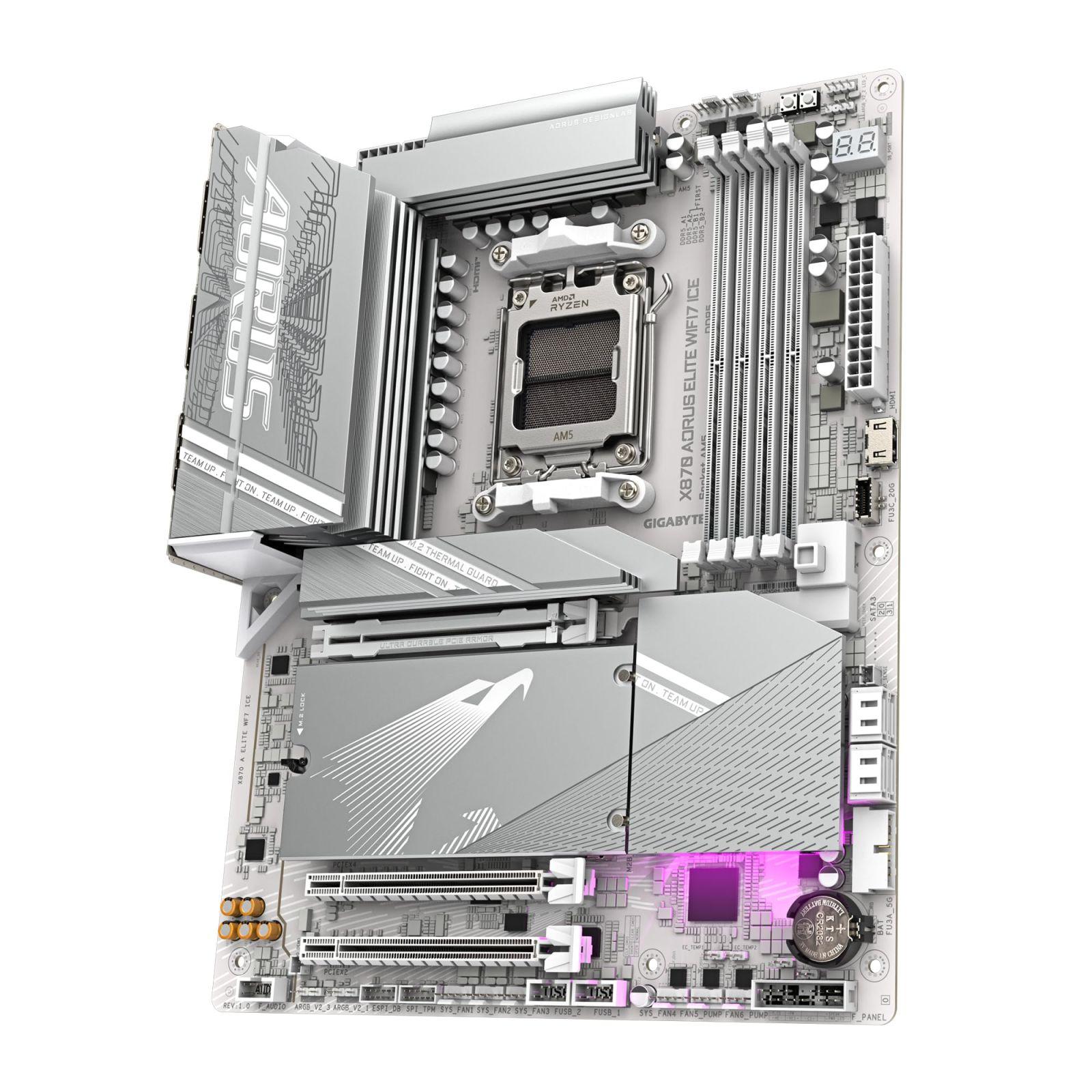 GIGABYTE X870 A Elite WIFI7 Ice-Emaplaat – Toetab AMD Ryzen 9000 protsessoreid, digitaalne 16+2+2 faasiline VRM, kuni 8000MHz DDR5 (OC), 3xPCIe 5.0, Wi-Fi 7, 2.5GbE LAN, USB 4 – kasutusnäide