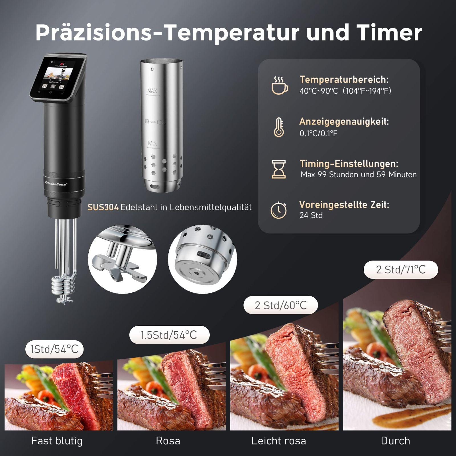 KitchenBoss Sous Vide keetmispulk WLAN: G330 WiFi täpne küpsetaja – temperatuuri reguleerimine kuni 90°C, veekindel IPX7, TFT puutetundlik ekraan, 360° tsirkulatsioon taimeriga – pilt 6
