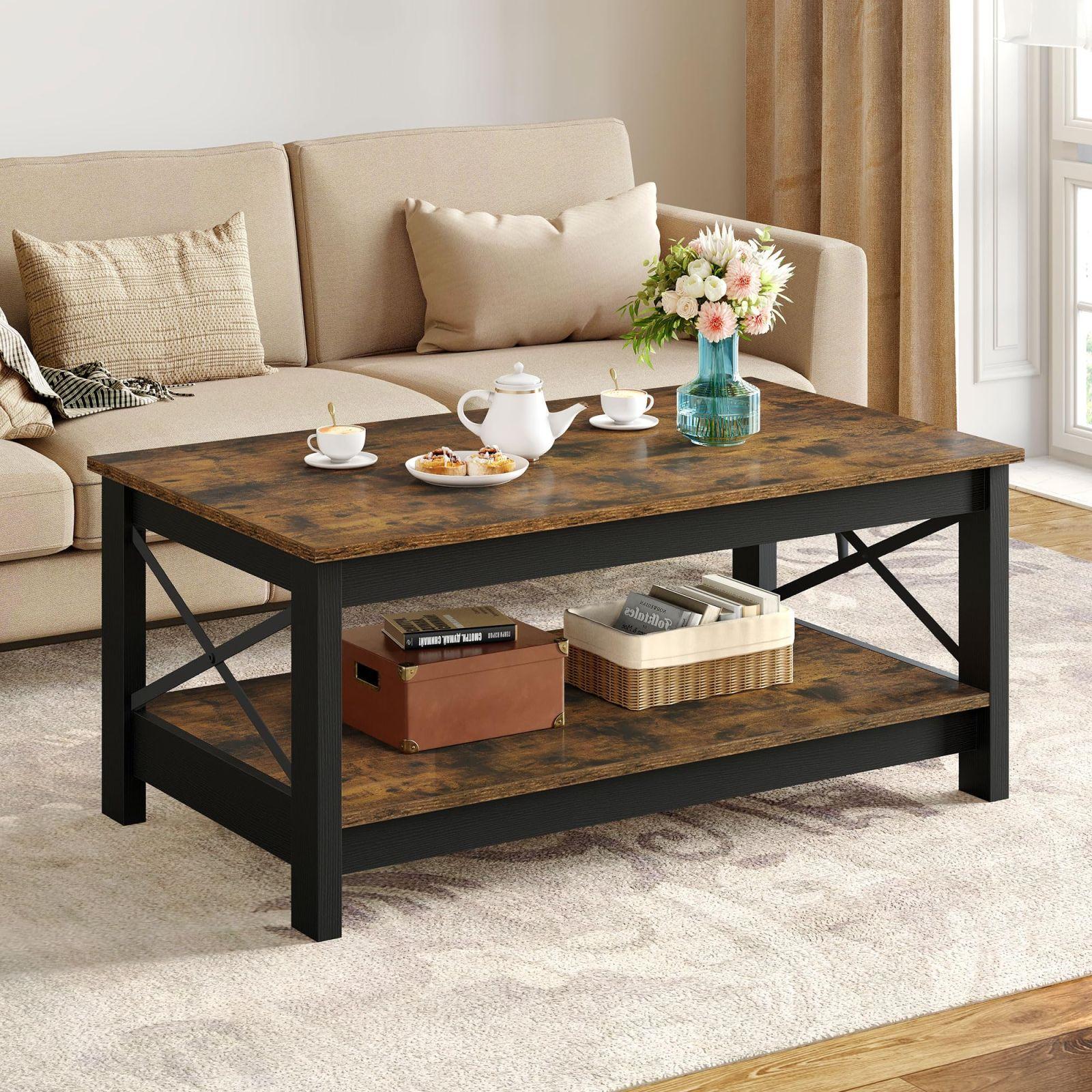 YITAHOME kohvilaud, elutoa laud, 2-kihiline paksust puidust ristkülikukujuline lauaplaat, X-kujuline metallist külgtugi, stabiilne 100×55,3×45 cm