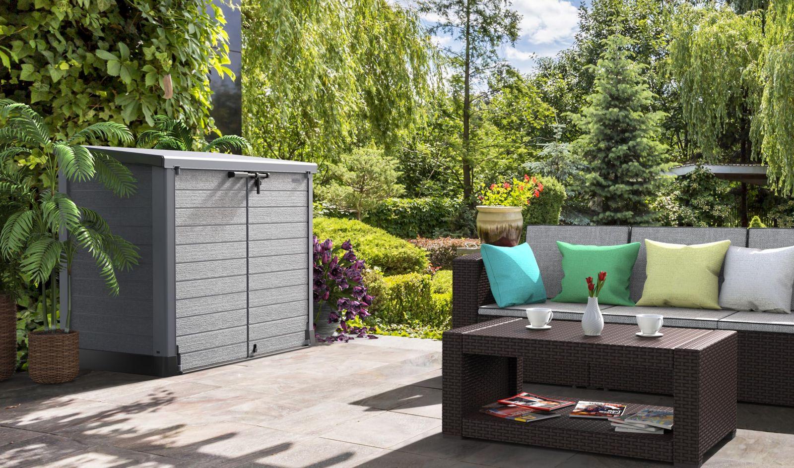 Duramax Cedargrain StoreAway 1200L aiakuur plastikust / tasane kaas, prügikastikast, aiakuur, vastupidav konstruktsioon, ideaalne tööriistadele, BBQ-dele ja 2x 240L prügikastidele, 145x85x125 cm, hall – detailne vaade