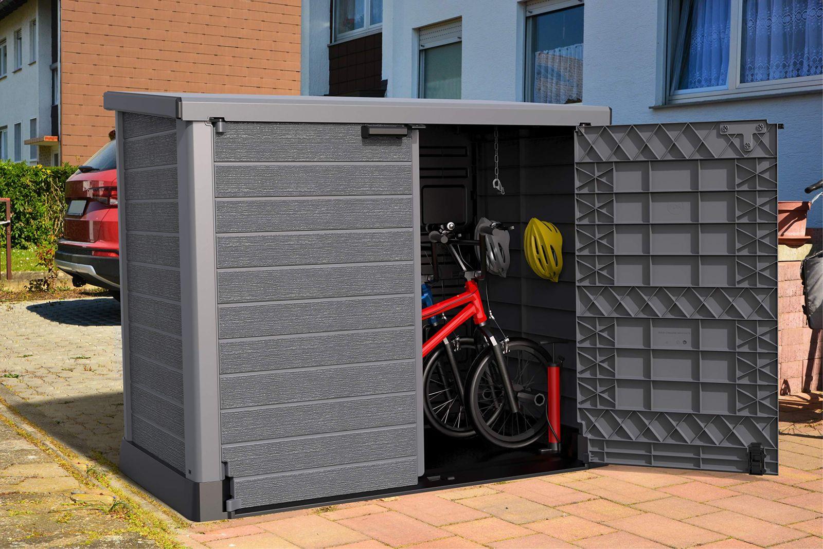 Duramax Cedargrain StoreAway 1200L aiakuur plastikust / tasane kaas, prügikastikast, aiakuur, vastupidav konstruktsioon, ideaalne tööriistadele, BBQ-dele ja 2x 240L prügikastidele, 145x85x125 cm, hall – pilt 9