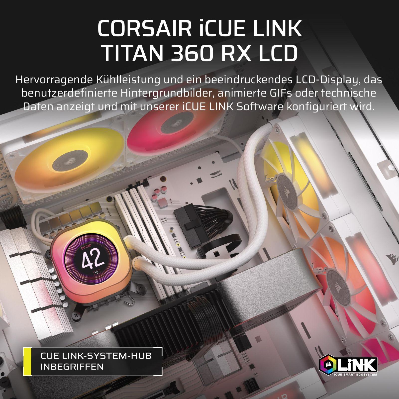 CORSAIR iCUE LINK Titan 360 RX LCD CPU-vedelikjahuti – 360mm AIO – FlowDrive-jahutusmootor – Intel LGA 1851/1700, AMD AM5/AM4 – 3X RX120 RGB-ventilaatorid – iCUE LINK-süsteemi jaotur – Valge – detailne vaade