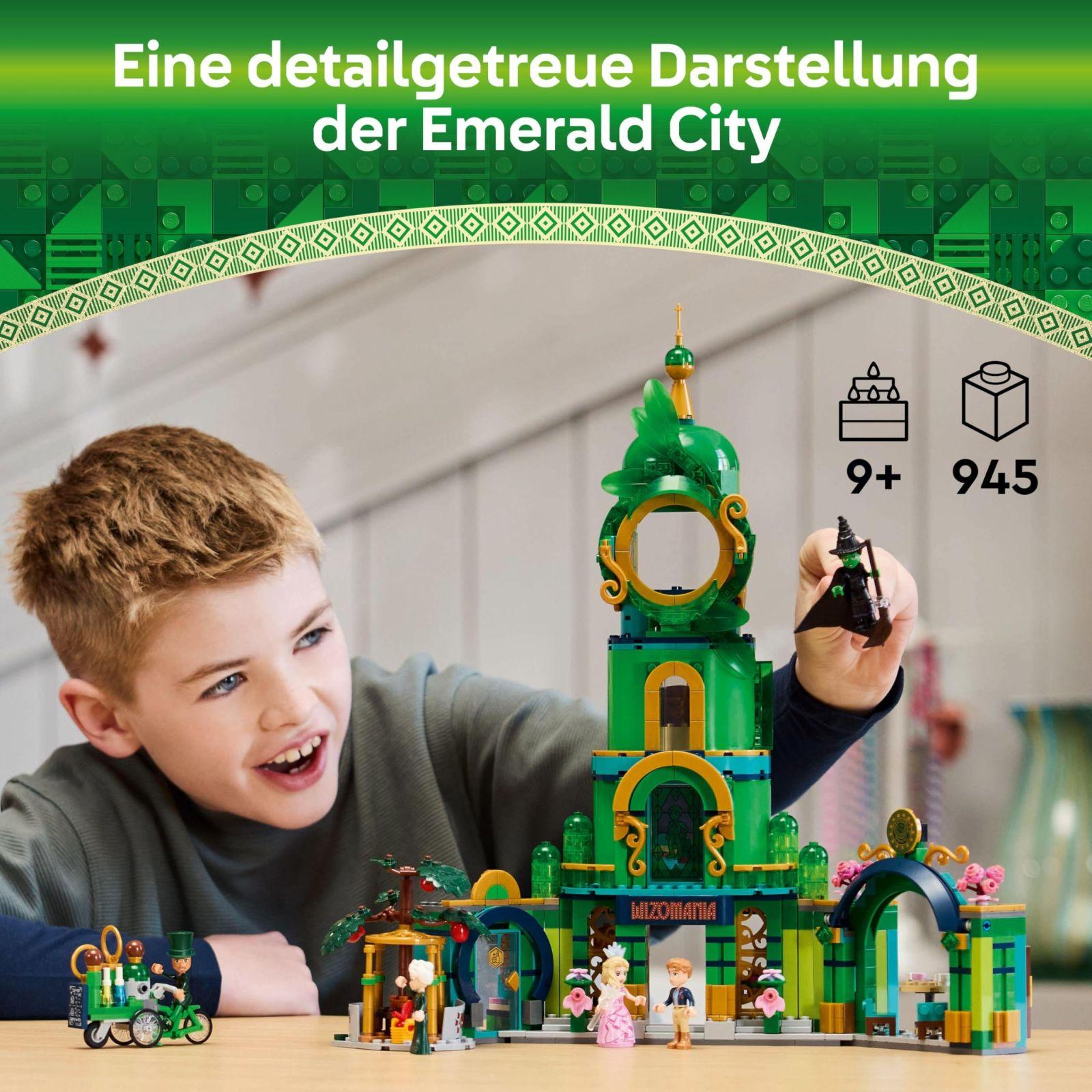 LEGO Wicked Tere Tulemast Smaragdlinnas – Mängukomplekt torniga, Glinda ja Elphaba mini-nukkudega, kingitus filmi fännidele ning tüdrukutele ja poistele alates 9. eluaastast, kes armastavad nukumaju 75684 – pakend ja tarvikud
