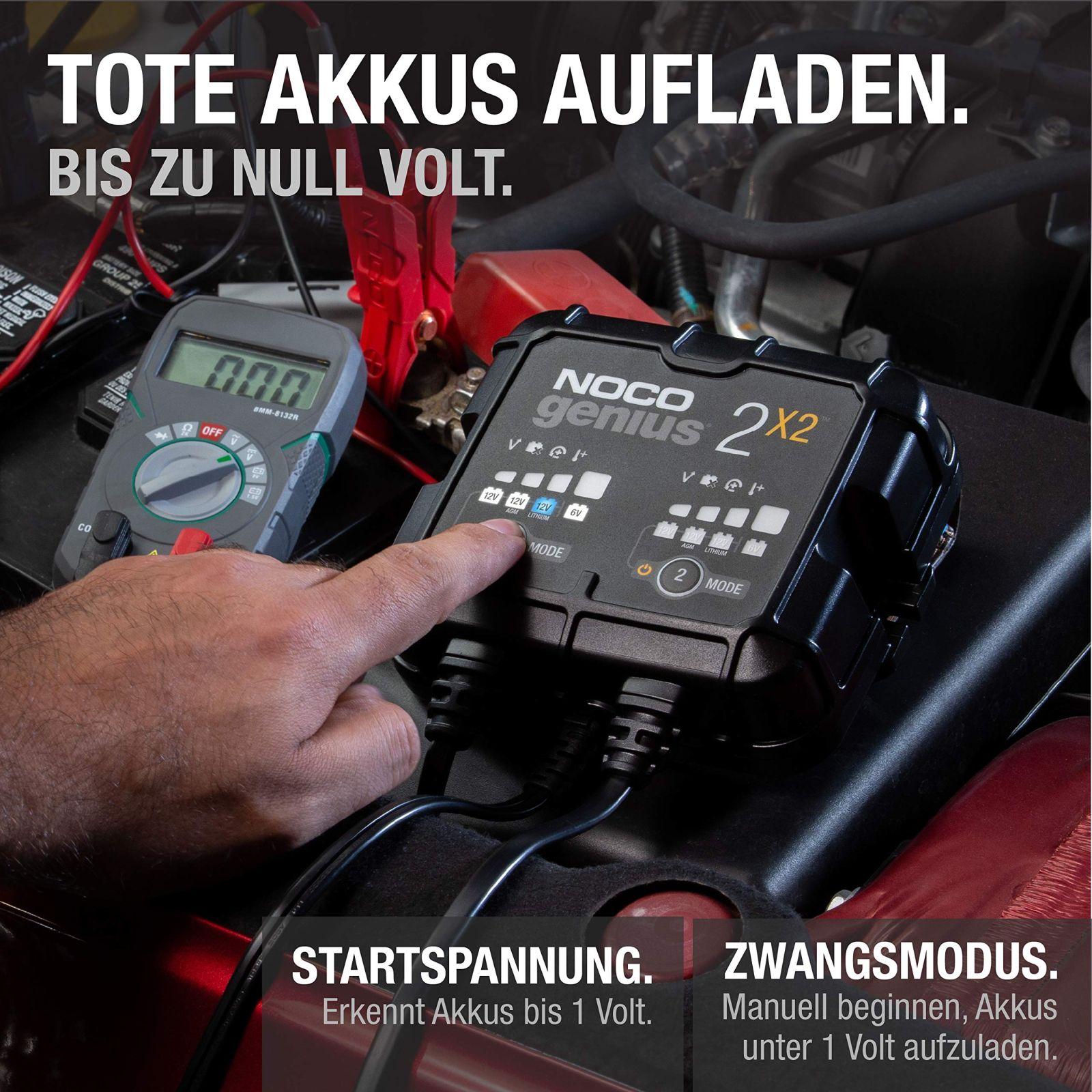 NOCO GENIUS2X2: 4A (2A/pank) akulaadija, 6V/12V akulaadija, hoolduslaadija ja desulfator temperatuurikompensatsiooniga – kasutusnäide