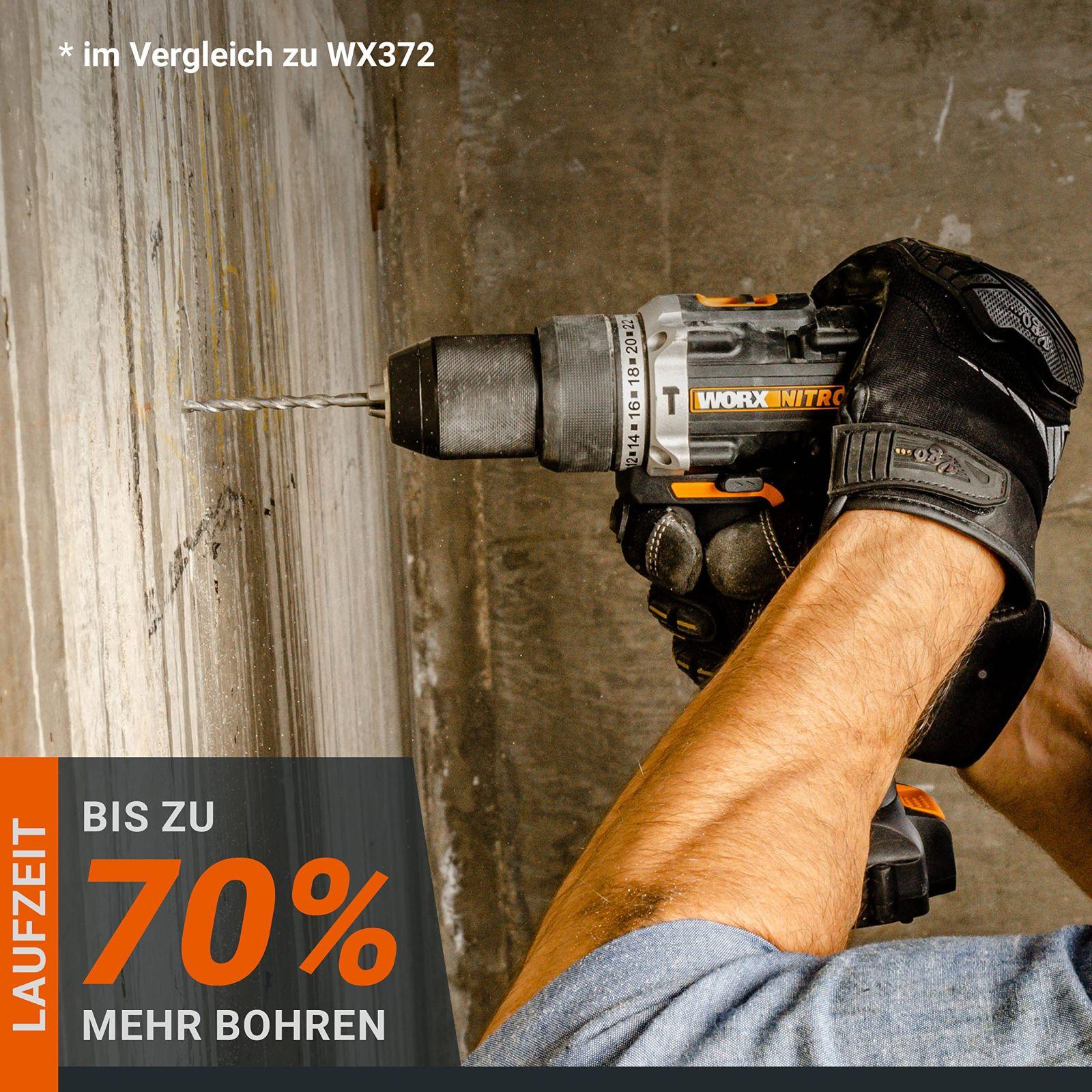 WORX NITRO WX352 Aku Löökpuurtrell Komplekt 20V – harjadeta mootor – kruvimiseks, puurimiseks ja löökpuurimiseks – 60Nm – 2-käiguline käigukast & LED-valgus – sisaldab 2x20V 2Ah akusid & 2A kiirlaadijat – pakend ja tarvikud