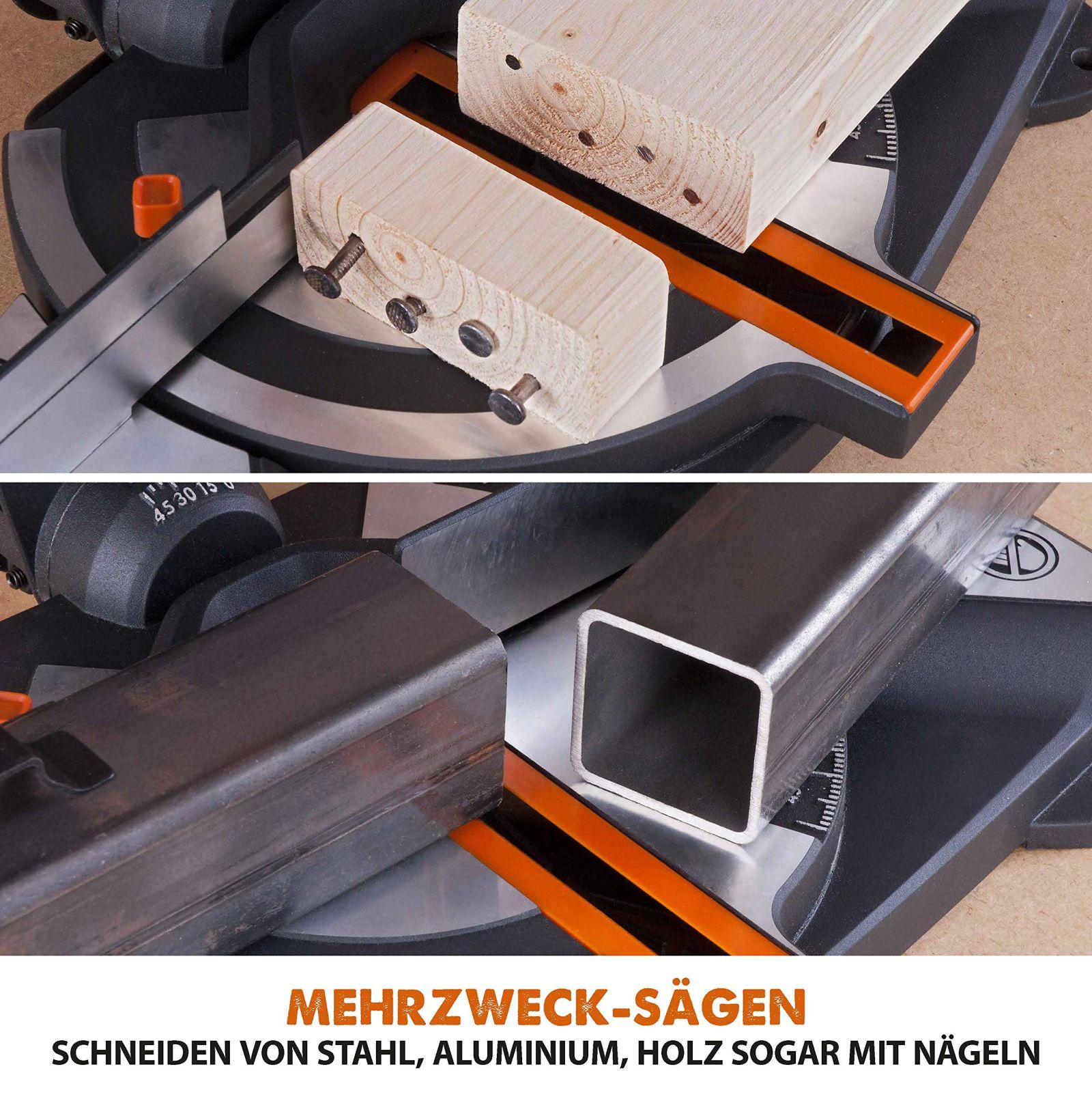 Evolution nurksaag R210CMS | 1200 W nurksaag | Komplektis Ø 210 mm HM-saeketas | Lõikab puitu, alumiiniumi, terast, plastikut | 0°- 45° kalde- ja 45°-45° nurklõiked | Kappsäge – lisavaade