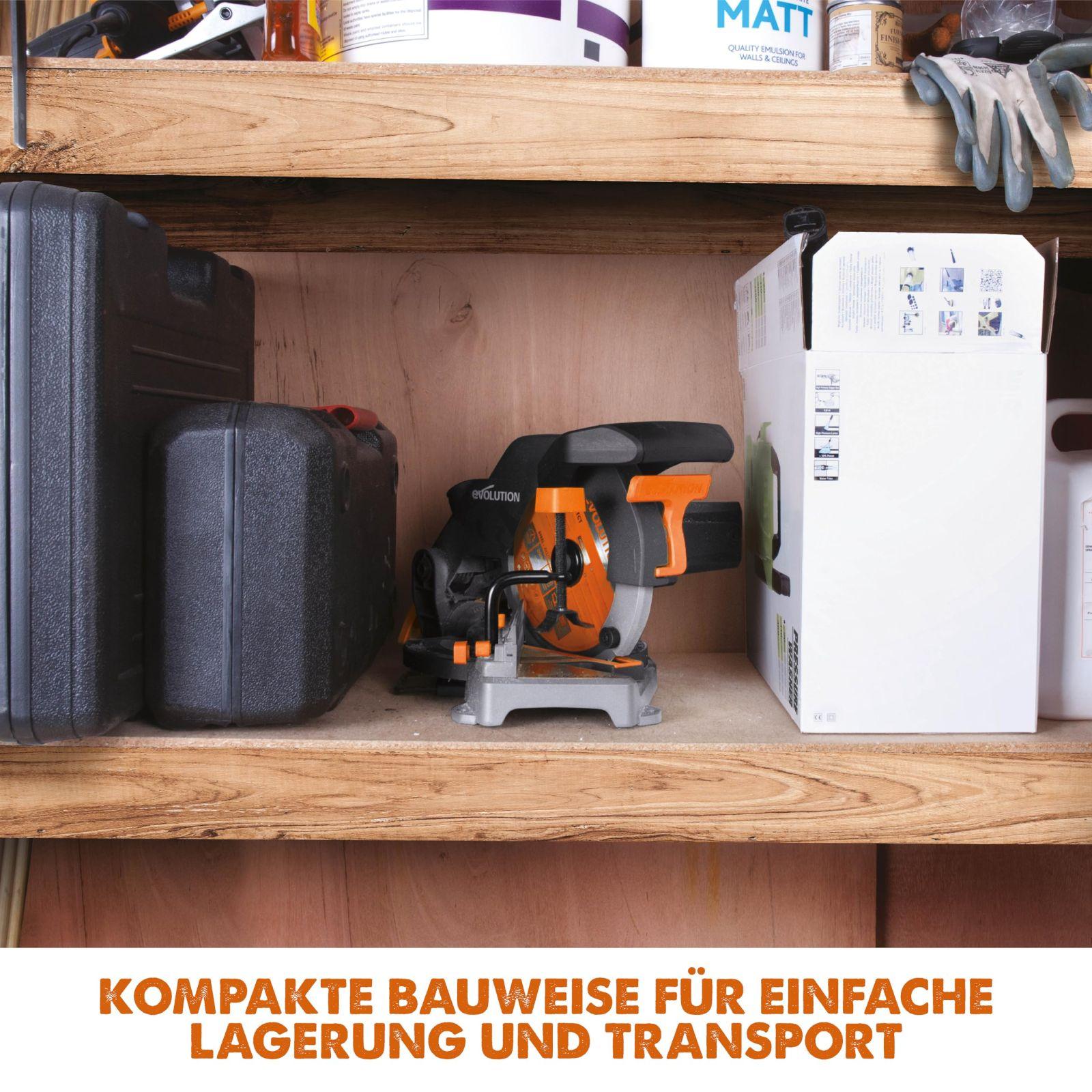 Evolution nurksaag R210CMS | 1200 W nurksaag | Komplektis Ø 210 mm HM-saeketas | Lõikab puitu, alumiiniumi, terast, plastikut | 0°- 45° kalde- ja 45°-45° nurklõiked | Kappsäge – pilt 8