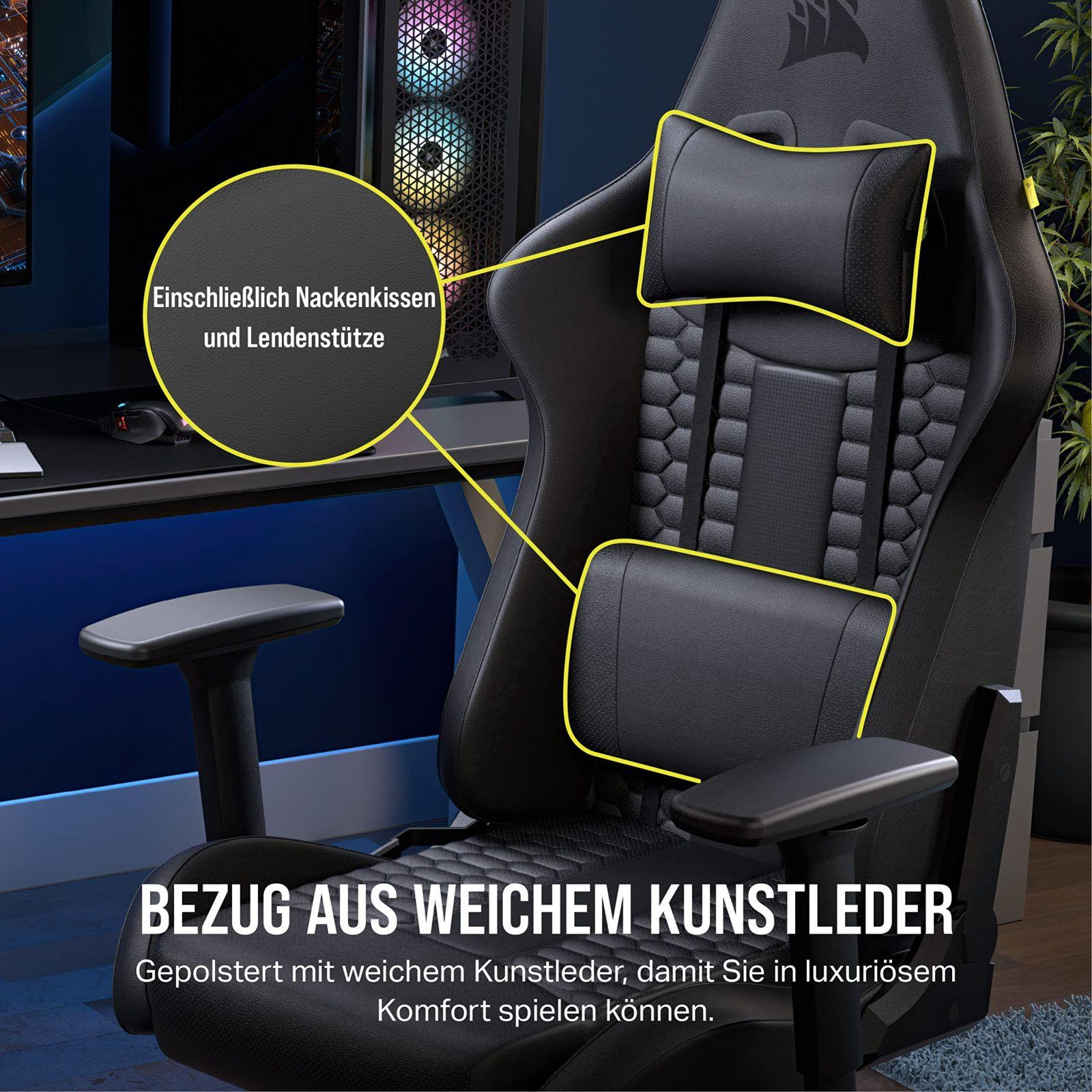 Corsair TC100 Relaxed mänguritool – Kunstnahk – Vormel-1 stiilis disain – Nimmetugi – Eemaldatav mäluvahust kaelapadi – Reguleeritavad käetoed – Must – kasutusnäide
