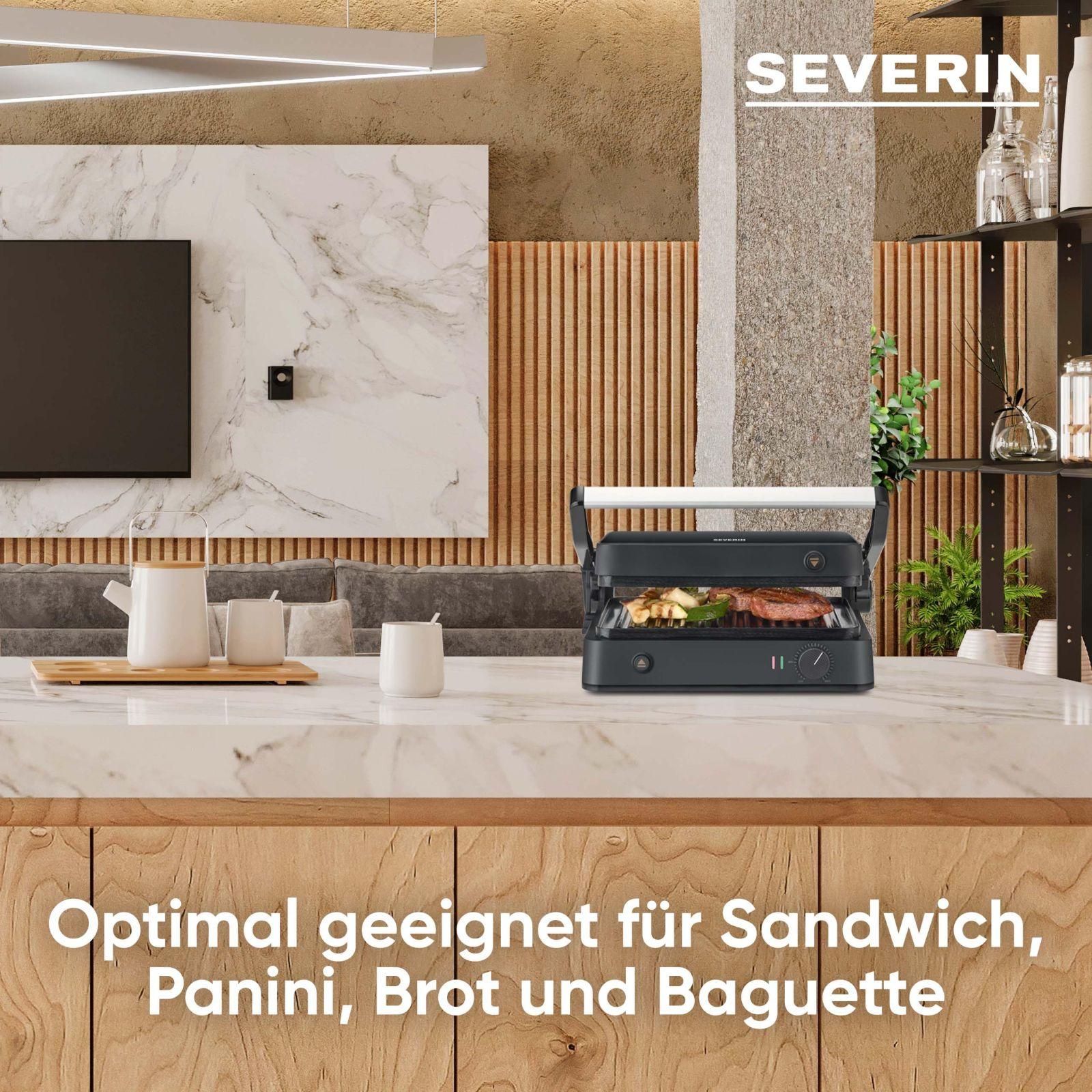 SEVERIN SEVINI Lite kontaktgrill – liha, kala ja köögivilja grillimiseks, keraamilise kattega võileivagrill rasvavabaks grillimiseks, sisetingimustes kuni 220°C, 1.800 W, must, KG 2398 – pakend ja tarvikud