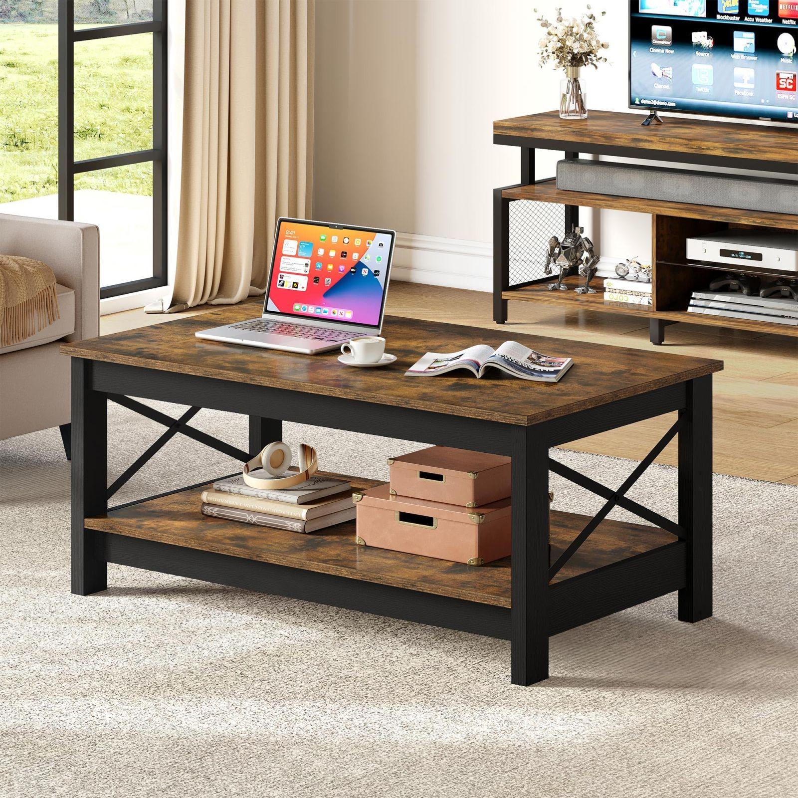 YITAHOME kohvilaud, elutoa laud, 2-kihiline paksust puidust ristkülikukujuline lauaplaat, X-kujuline metallist külgtugi, stabiilne 100×55,3×45 cm – detailne vaade