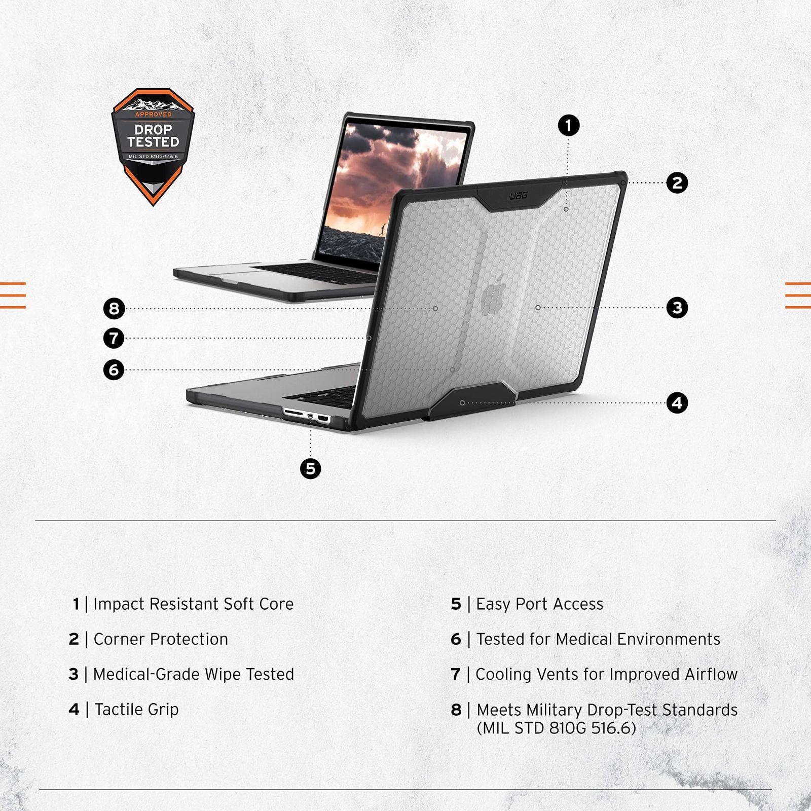 URBAN ARMOR GEAR Plyo kaitseümbris Apple MacBook Pro 16 jaoks (M4 / M3 / M2 / M1 – 2024/2023 / 2022/2021) – Kaitseümbris vastupidavusega vastavalt USA sõjaväestandardile – Jää (läbipaistev) – pakend ja tarvikud