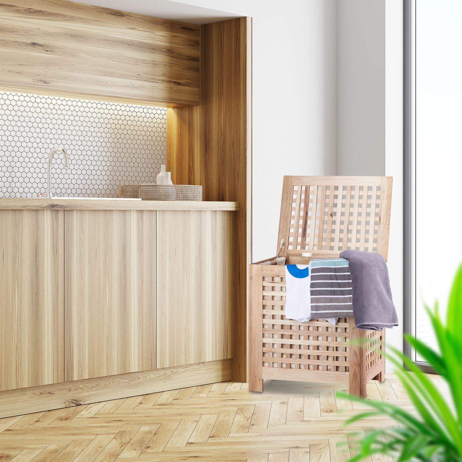 Relaxdays pesukast pähklipuust kaanega, eemaldatav pesukott, mahutavus ca 70 l, suletud pesukoguja, puidust HBT ca 55,5 x 52,5 x 39,5 cm, naturaalne – detailne vaade