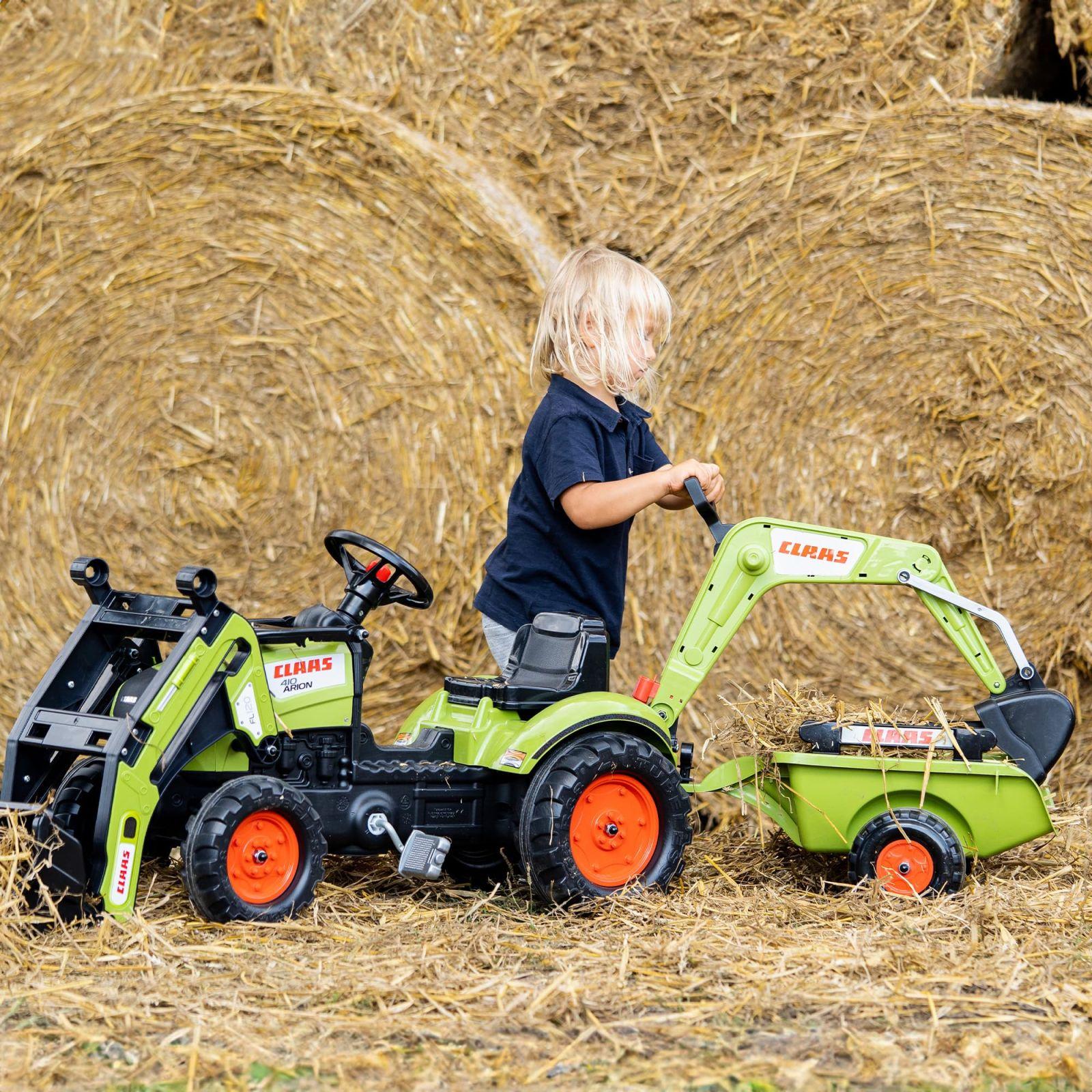 Falk – 2040N – Õuemänguasi – Baggerlader Claas Arion 410 + Haagis + Kopp – kasutusnäide