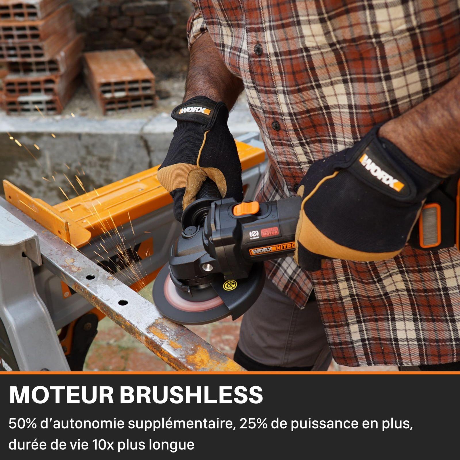 WORX WX814.9 Nitro harjadeta akuga nurklihvija 20V – 125mm ketta läbimõõt – 8600 p/min – kerge ja kompaktne – 2-positsiooniline lisakäepide – turvaline tagasilöögikaitse – ilma aku ja laadijata – pakend ja tarvikud