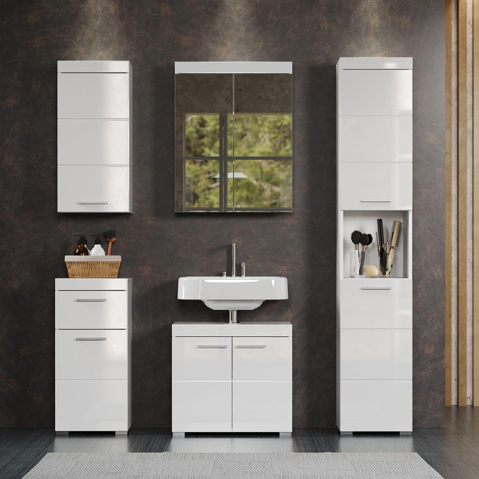 trendteam smart living – Amanda – Kommode – Valge kõrgläige – Kapp – (LxKxS) 37 x 79 x 31 cm – Vannitoakapp 1 ukse ja 1 sahtliga – hõbedased käepidemed – universaalne kasutus – pilt 6