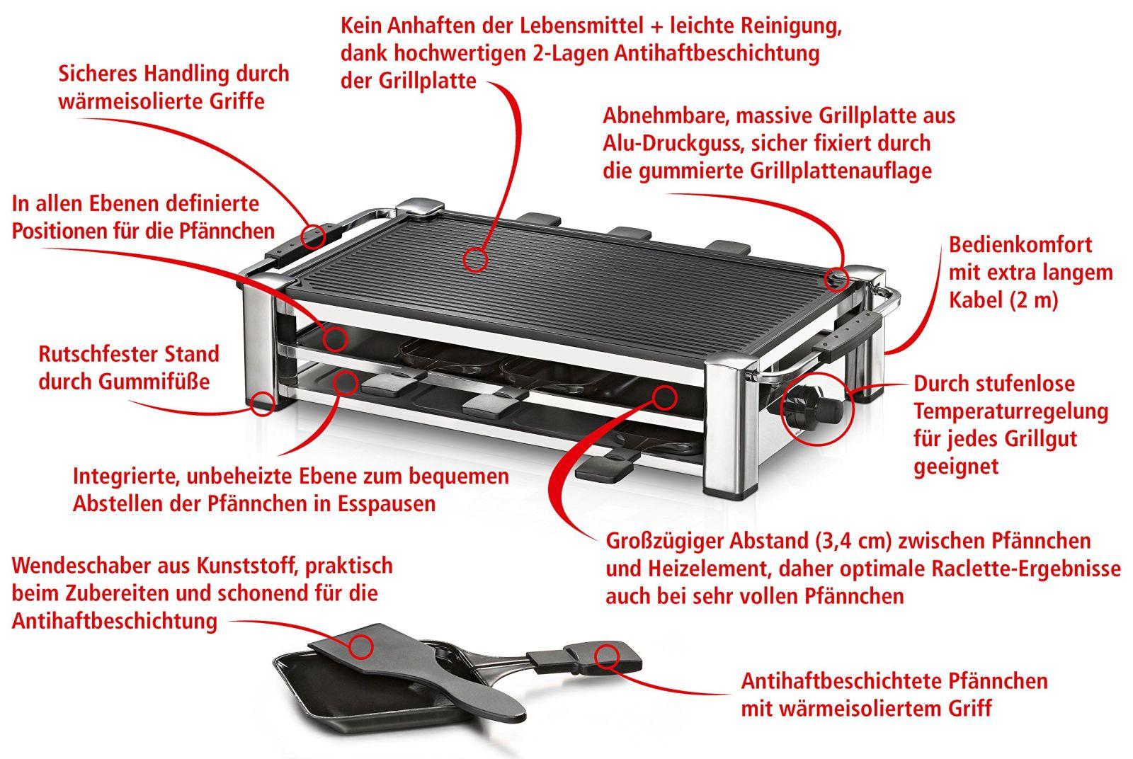 ROMMELSBACHER RCC 1500 Raclette-Grill (2 m pikk juhe, lauagrill 8 inimesele, alumiiniumist grillplaat, Xylan Plus mittenakkuv kate, parkimistekk, 1500 W) kroom – pakend ja tarvikud