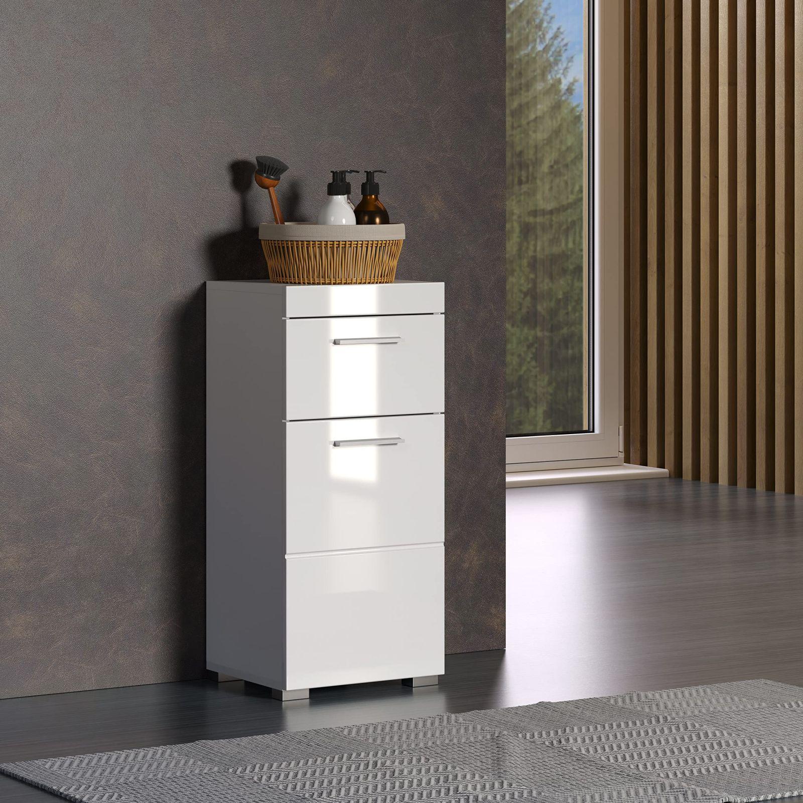 trendteam smart living – Amanda – Kommode – Valge kõrgläige – Kapp – (LxKxS) 37 x 79 x 31 cm – Vannitoakapp 1 ukse ja 1 sahtliga – hõbedased käepidemed – universaalne kasutus – kasutusnäide