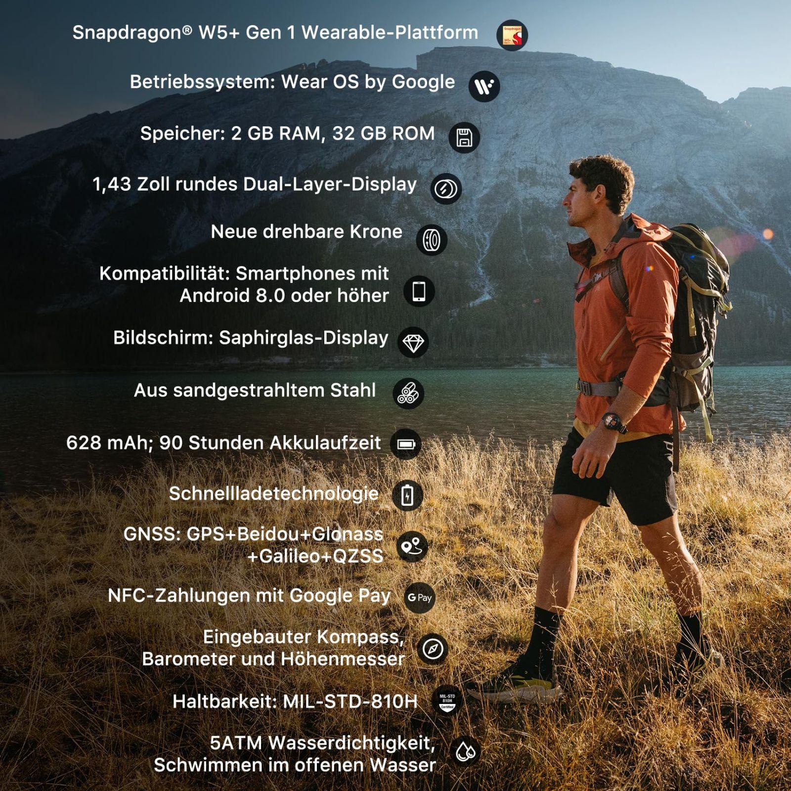 TicWatch Atlas nutikell meestele – Android Wear OS, 90-tunnine aku, 110+ treeningrežiimi, Heat Map, kukkumisandur, tervise jälgimine, 5ATM veekindlus, sisseehitatud GPS ja kompass – ainult Androidi jaoks – detailne vaade