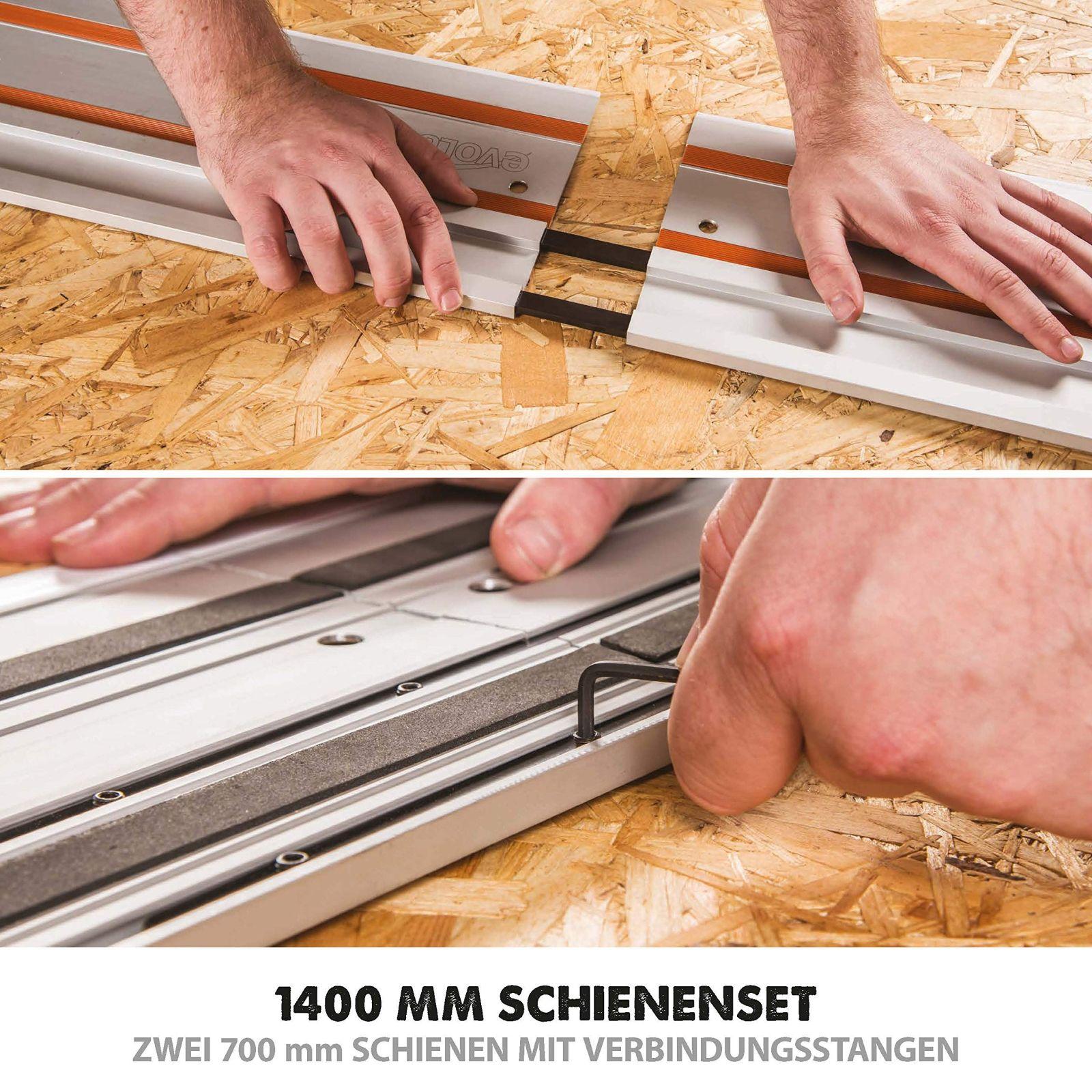 Evolution ST1400 juhtsiin ketassaele, universaalne sobivus – ühilduv Festool, Titan, Makita, Bosch, Erbauer, Metabo ja Scheppach saagidega, 1400 mm – pakend ja tarvikud