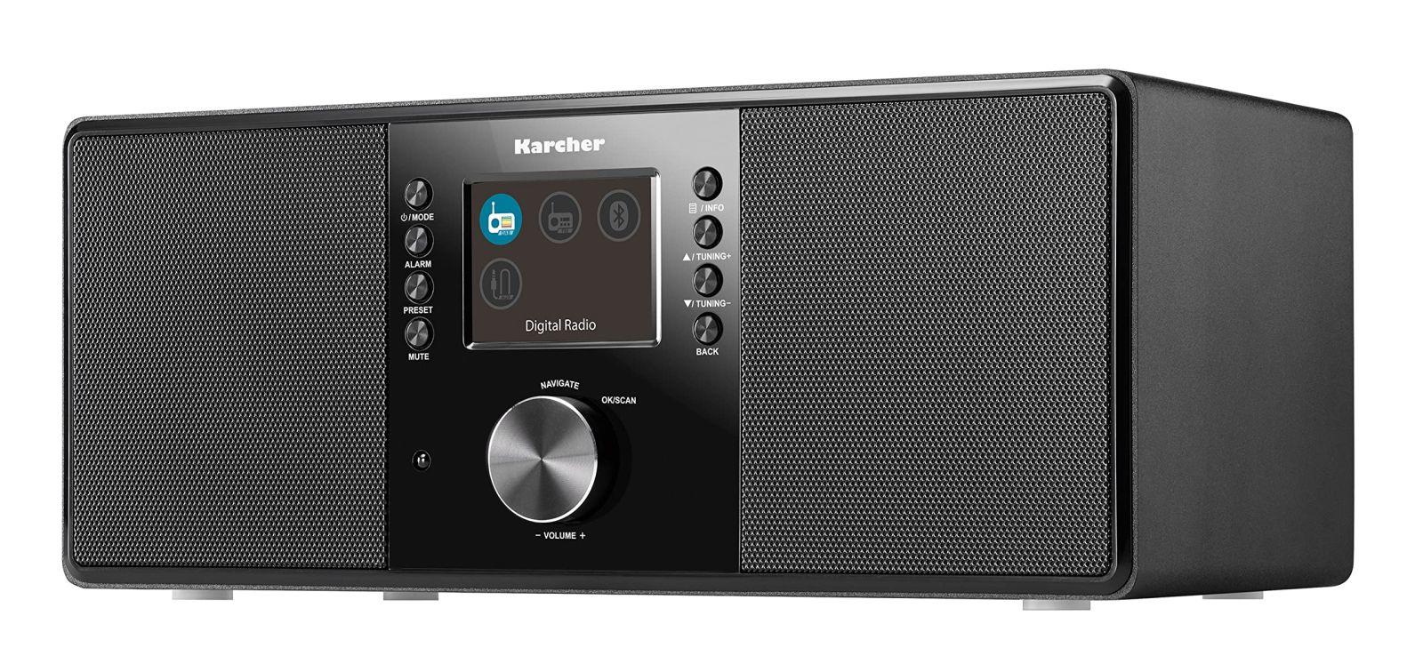 Karcher DAB 5000+ Digitaalraadio (DAB+ / FM-RDS, Bluetooth, AUX-IN, äratuskell kahe äratusega) Must – pakend ja tarvikud