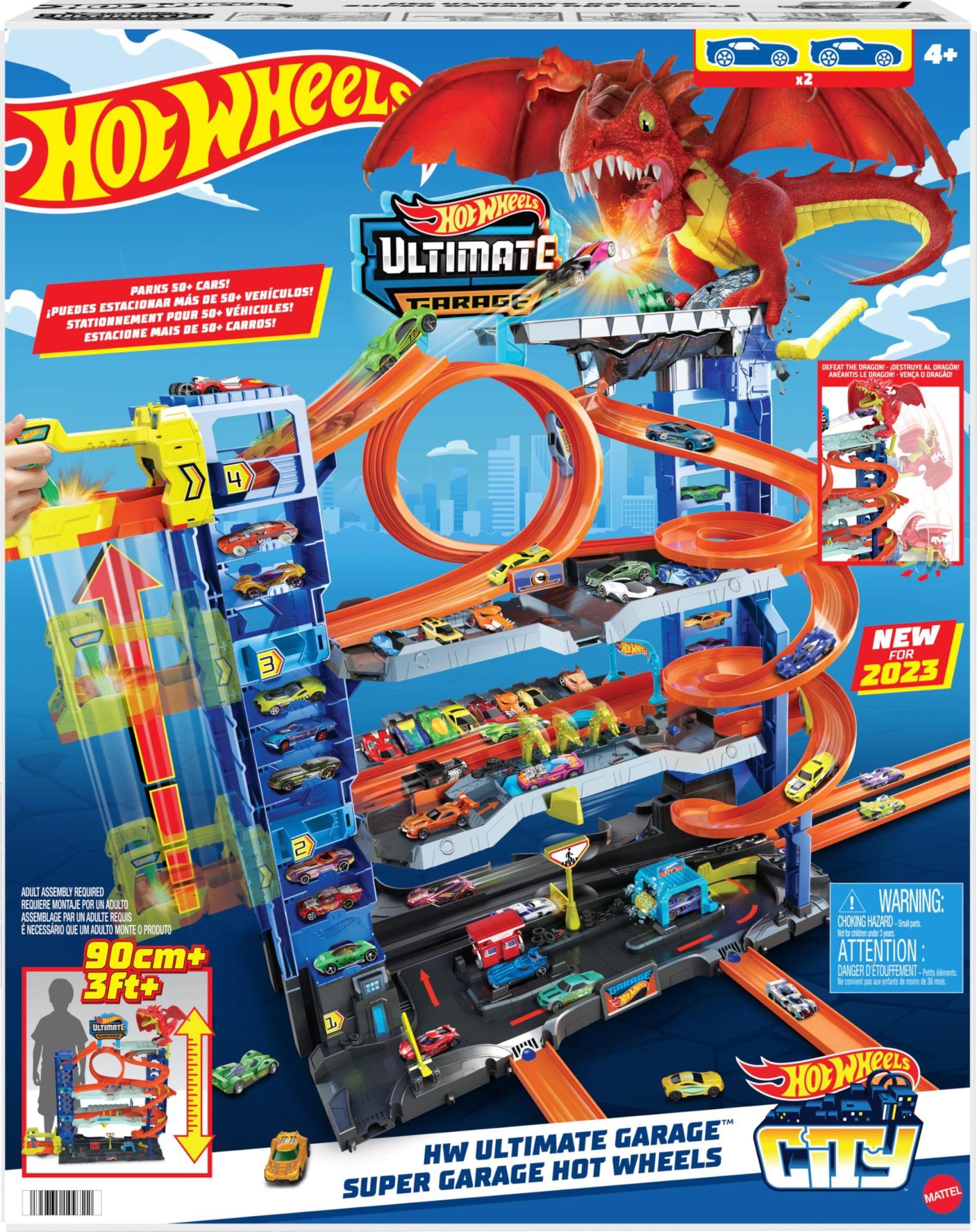 Hot Wheels Let’s Race Netflix – Ülim Garaaž – Mitmetasandiline parkla, 91 cm kõrge, 2 Die-Cast autot, alates 5. eluaastast, võidusõidulust, triki-seiklused, draakonivõitlus, autopesula, lift, HKX48