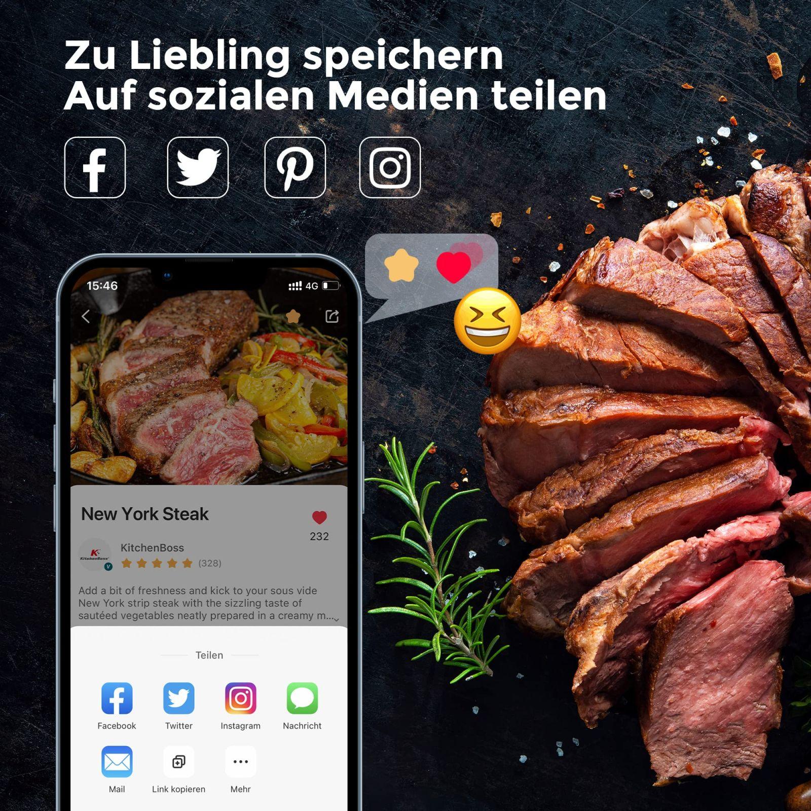 KitchenBoss Sous Vide keetmispulk WLAN: G330 WiFi täpne küpsetaja – temperatuuri reguleerimine kuni 90°C, veekindel IPX7, TFT puutetundlik ekraan, 360° tsirkulatsioon taimeriga – pilt 9