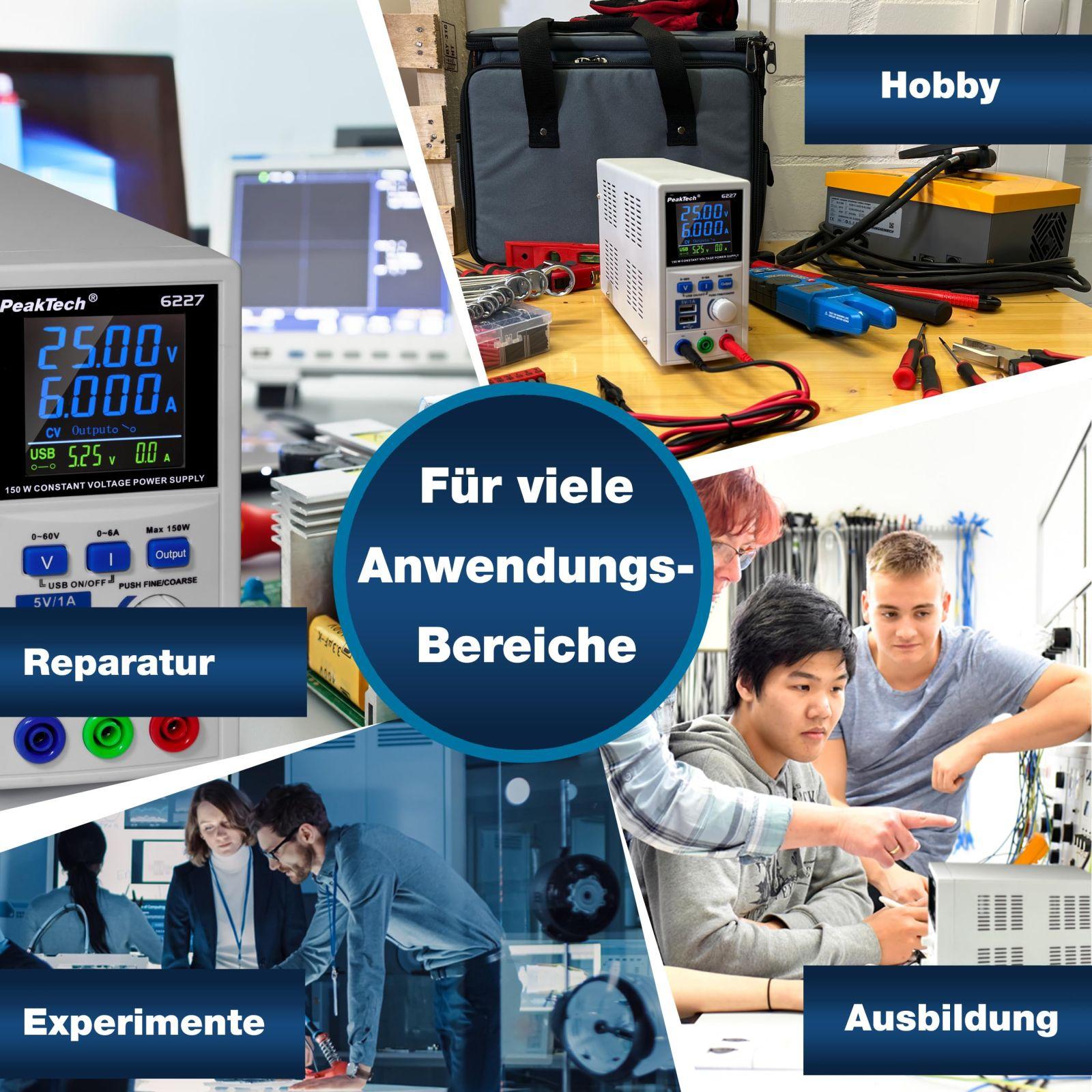 PeakTech P 6227 – DC Laboritoite Toiteplokk 0-60V/0-6 A LCD Ekraan, Laborivõrgutoiteplokk 2x USB-pordiga, Reguleeritava Väljundpingega Toiteallikas, Sisendpinge 115-240V AC 50-60Hz EN 61010-1 – kasutusnäide