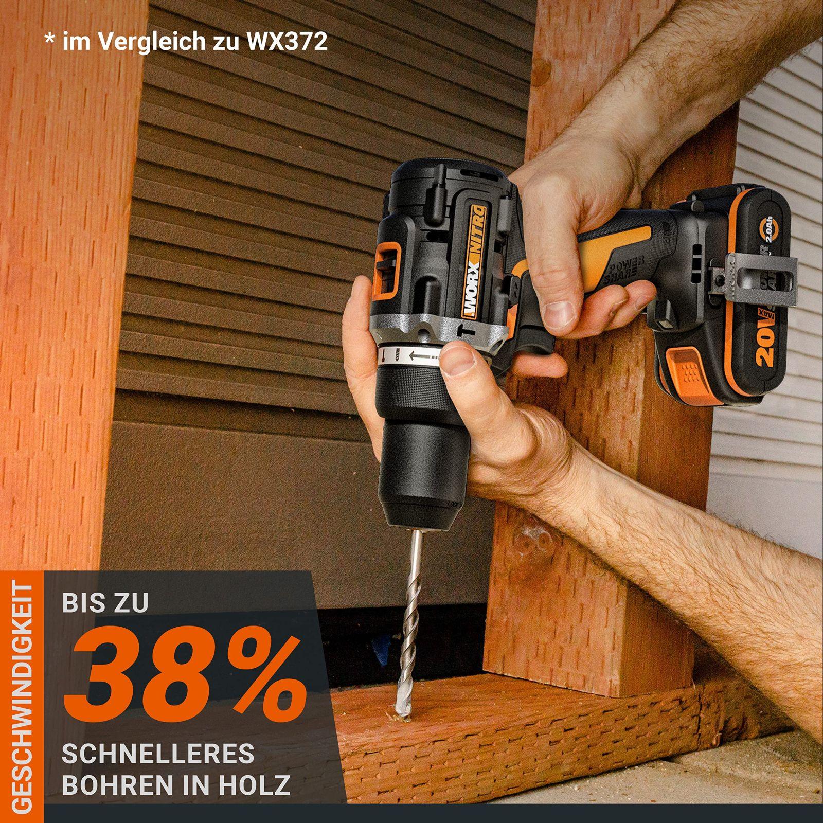 WORX NITRO WX352 Aku Löökpuurtrell Komplekt 20V – harjadeta mootor – kruvimiseks, puurimiseks ja löökpuurimiseks – 60Nm – 2-käiguline käigukast & LED-valgus – sisaldab 2x20V 2Ah akusid & 2A kiirlaadijat – kasutusnäide