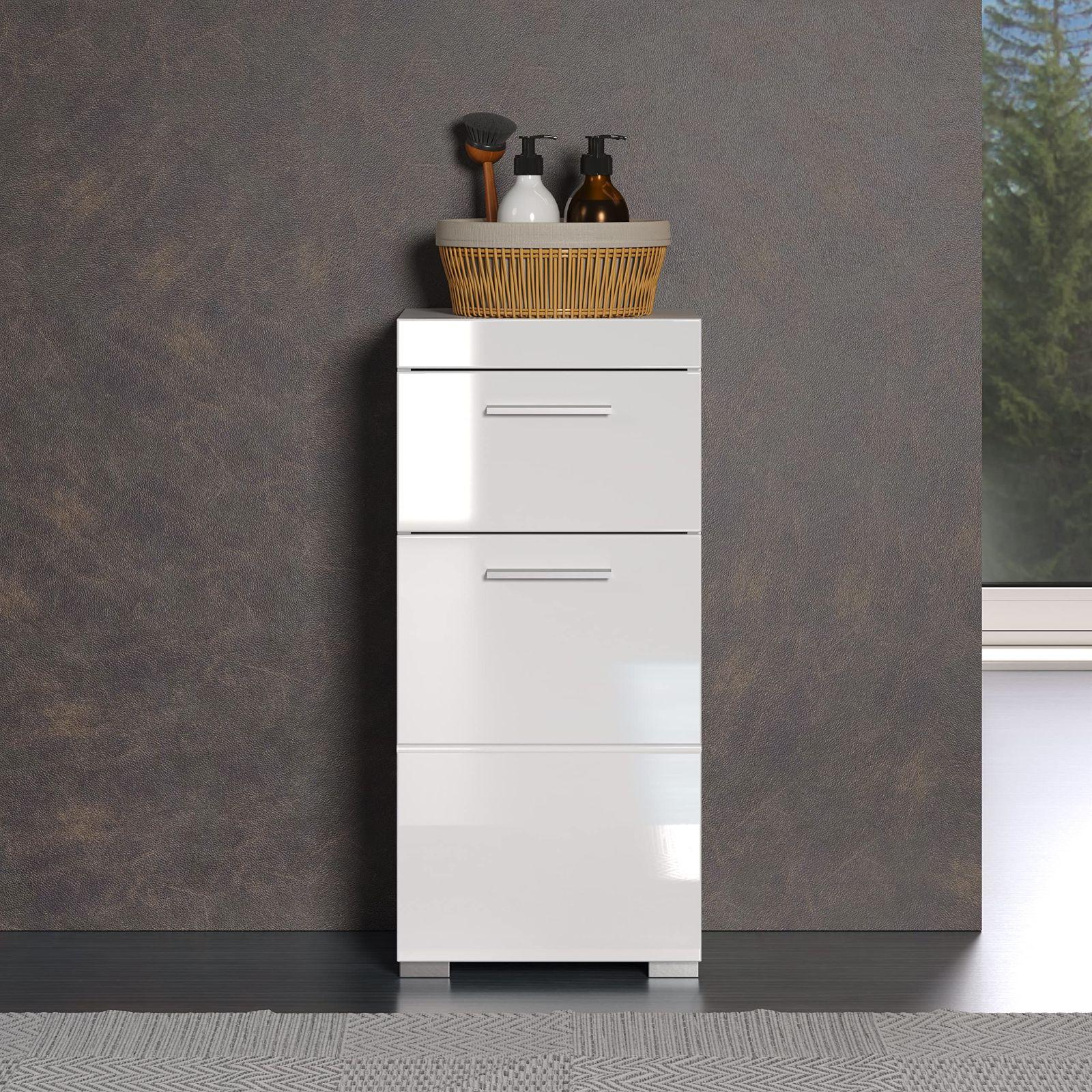 trendteam smart living – Amanda – Kommode – Valge kõrgläige – Kapp – (LxKxS) 37 x 79 x 31 cm – Vannitoakapp 1 ukse ja 1 sahtliga – hõbedased käepidemed – universaalne kasutus – lisavaade