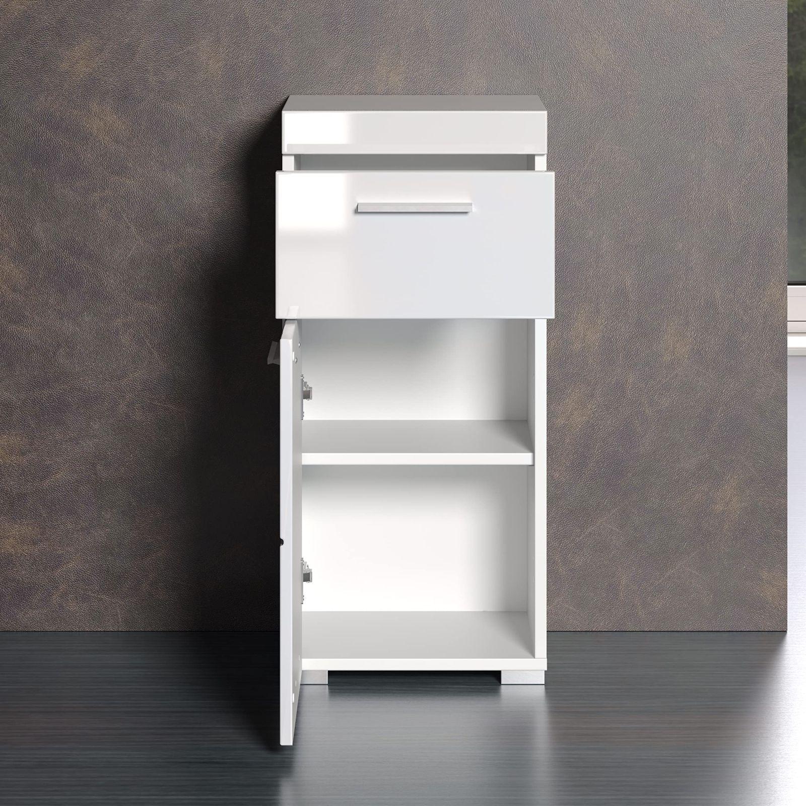 trendteam smart living – Amanda – Kommode – Valge kõrgläige – Kapp – (LxKxS) 37 x 79 x 31 cm – Vannitoakapp 1 ukse ja 1 sahtliga – hõbedased käepidemed – universaalne kasutus – pakend ja tarvikud