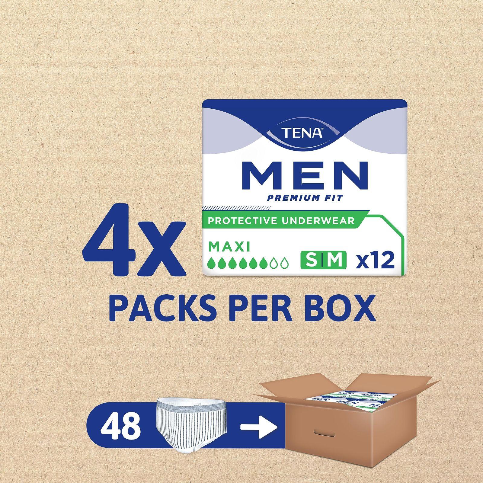 TENA MEN Active Fit Pants Plus – 48 tk kuupakendis (4 x12) – meeste ühekordsed aluspüksid – keskmise kuni tugeva uriinipidamatuse korral – suurus M – pakend ja tarvikud