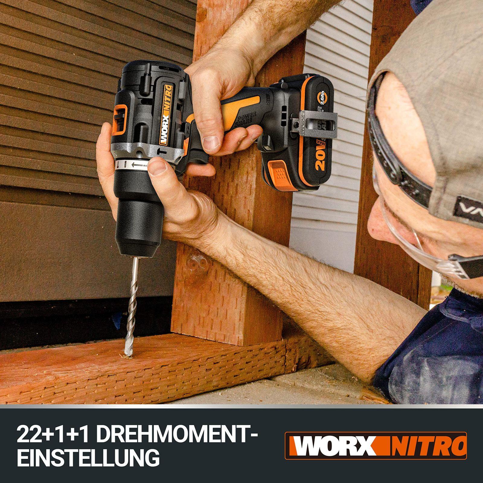WORX NITRO WX352 Aku Löökpuurtrell Komplekt 20V – harjadeta mootor – kruvimiseks, puurimiseks ja löökpuurimiseks – 60Nm – 2-käiguline käigukast & LED-valgus – sisaldab 2x20V 2Ah akusid & 2A kiirlaadijat – pilt 7