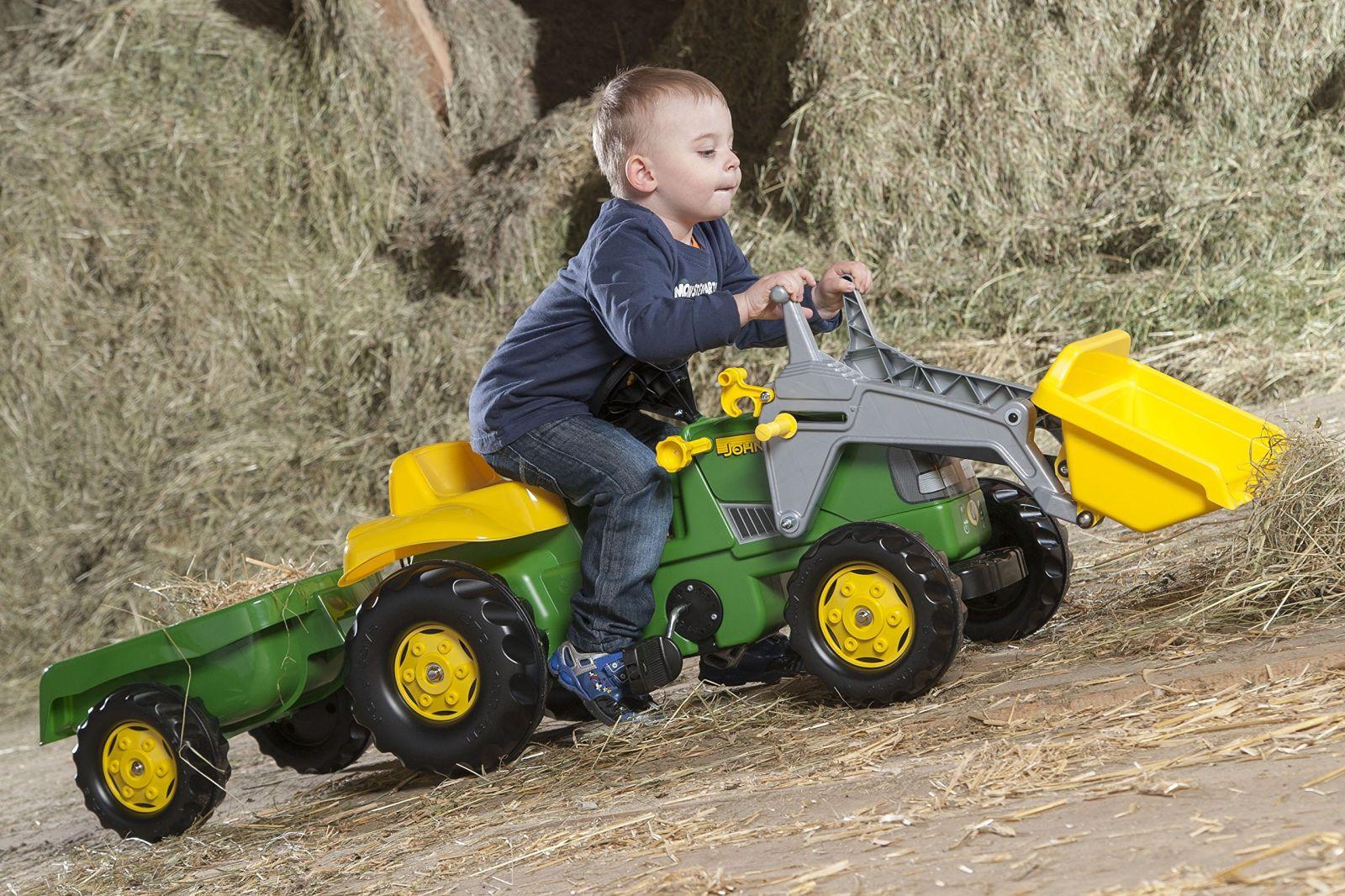 Rolly Toys rollyKid John Deere esilaaduriga (koos haagisega, pöördteljega roolimine, vanusele 2,5 – 5 aastat, traktor + lisatarvikud, tagahaakeseade, laste sõiduk), roheline – pakend ja tarvikud