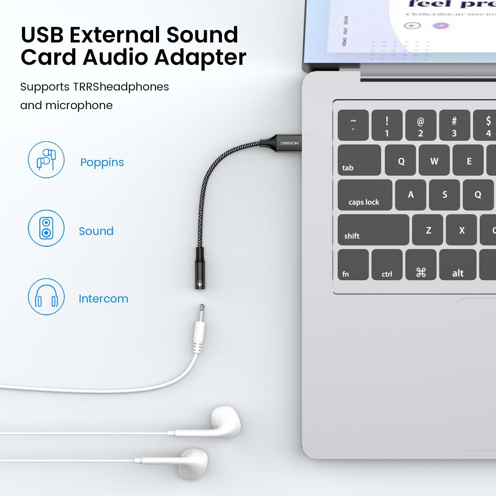 MOSWAG tugevast alumiiniumist USB–3,5 mm audioadapter – pakend ja tarvikud