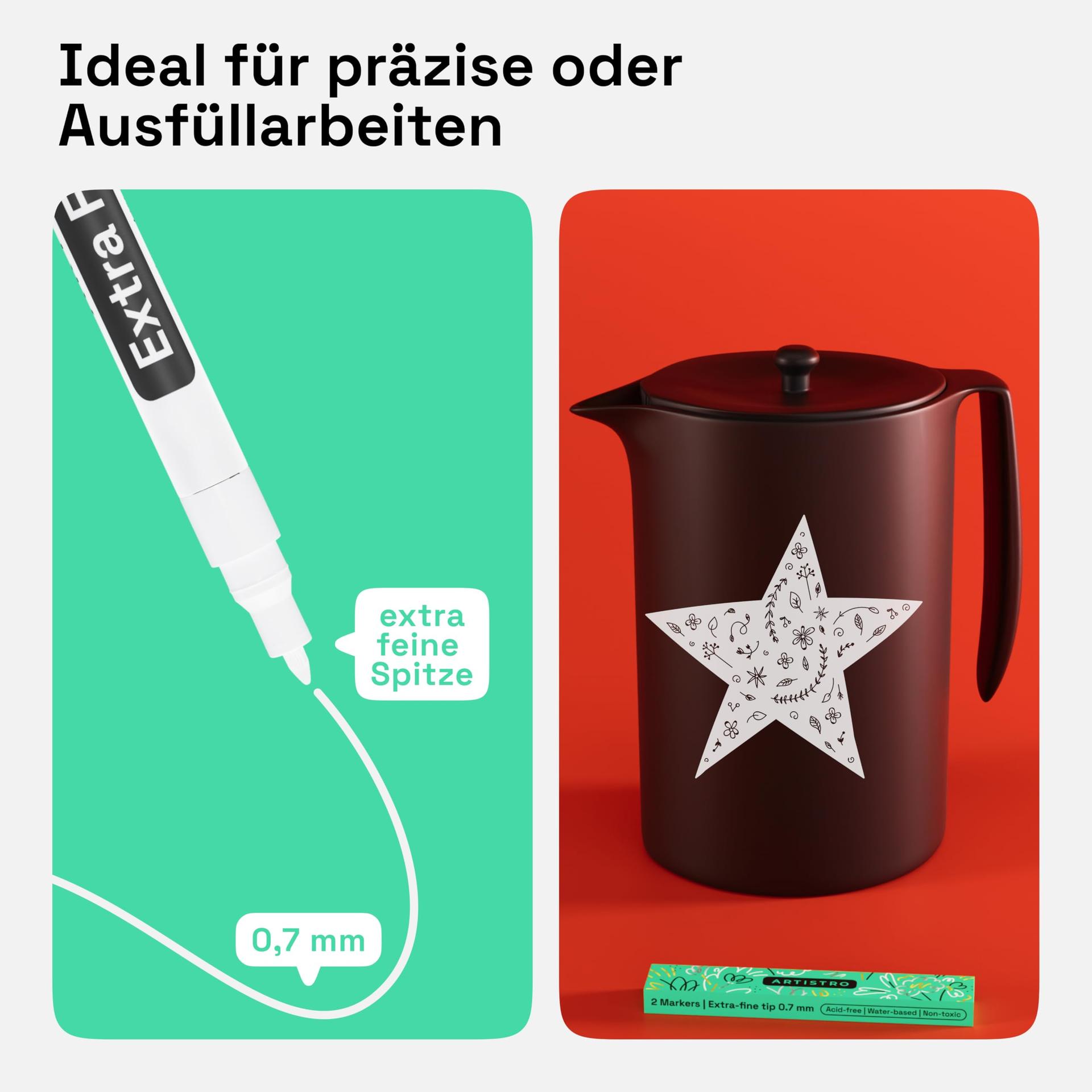 Artistro valge akrüülmarker — peen 0,7 mm detailideks – pakend ja tarvikud