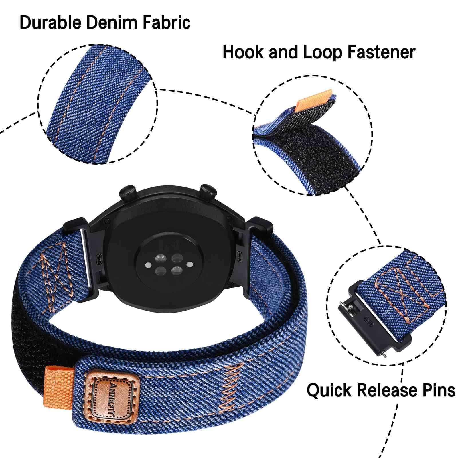 ANNEFIT denim-tekstiilist kellarihm — mugav ja vastupidav 21mm – pakend ja tarvikud