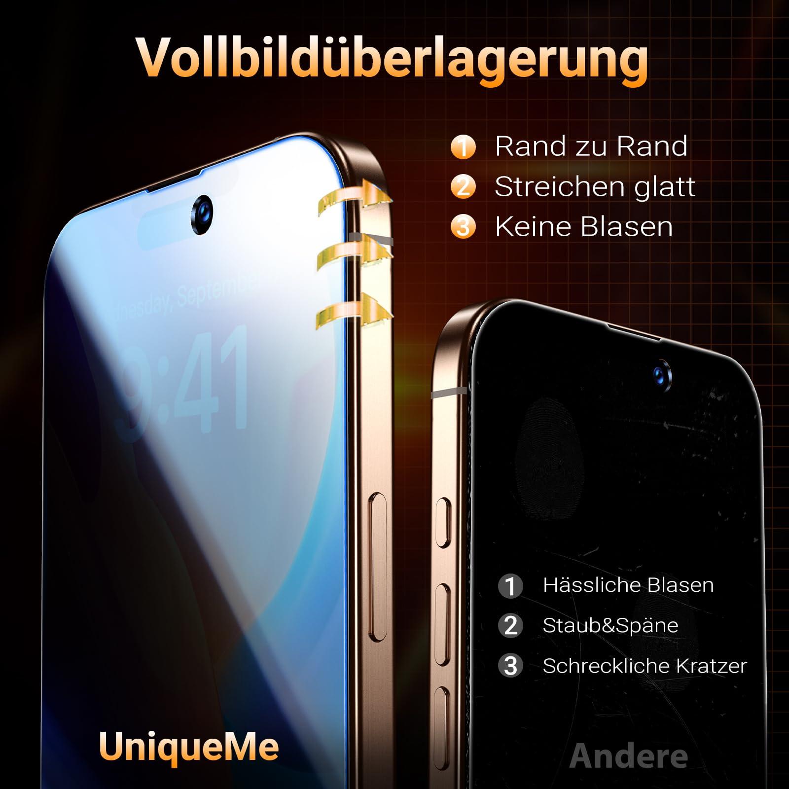 UniqueMe karastatud privaatsusklaas iPhone 16 Pro — 2+2 komplekt – detailne vaade